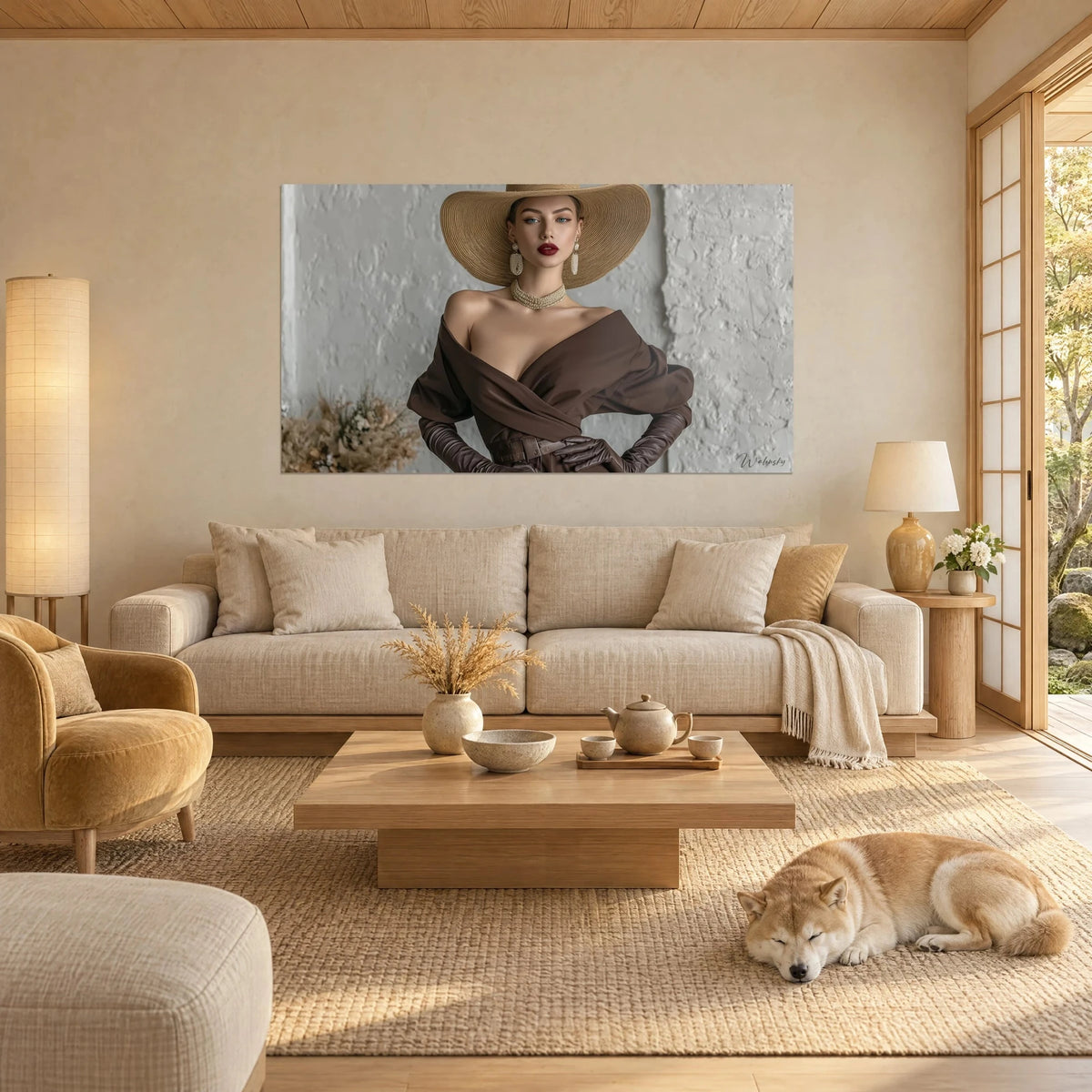 Quadro di una donna elegante con un ampio cappello di paglia dorato, abito color cioccolato, labbra rubino e uno Shiba addormentato sopra un divano in un soggiorno luminoso