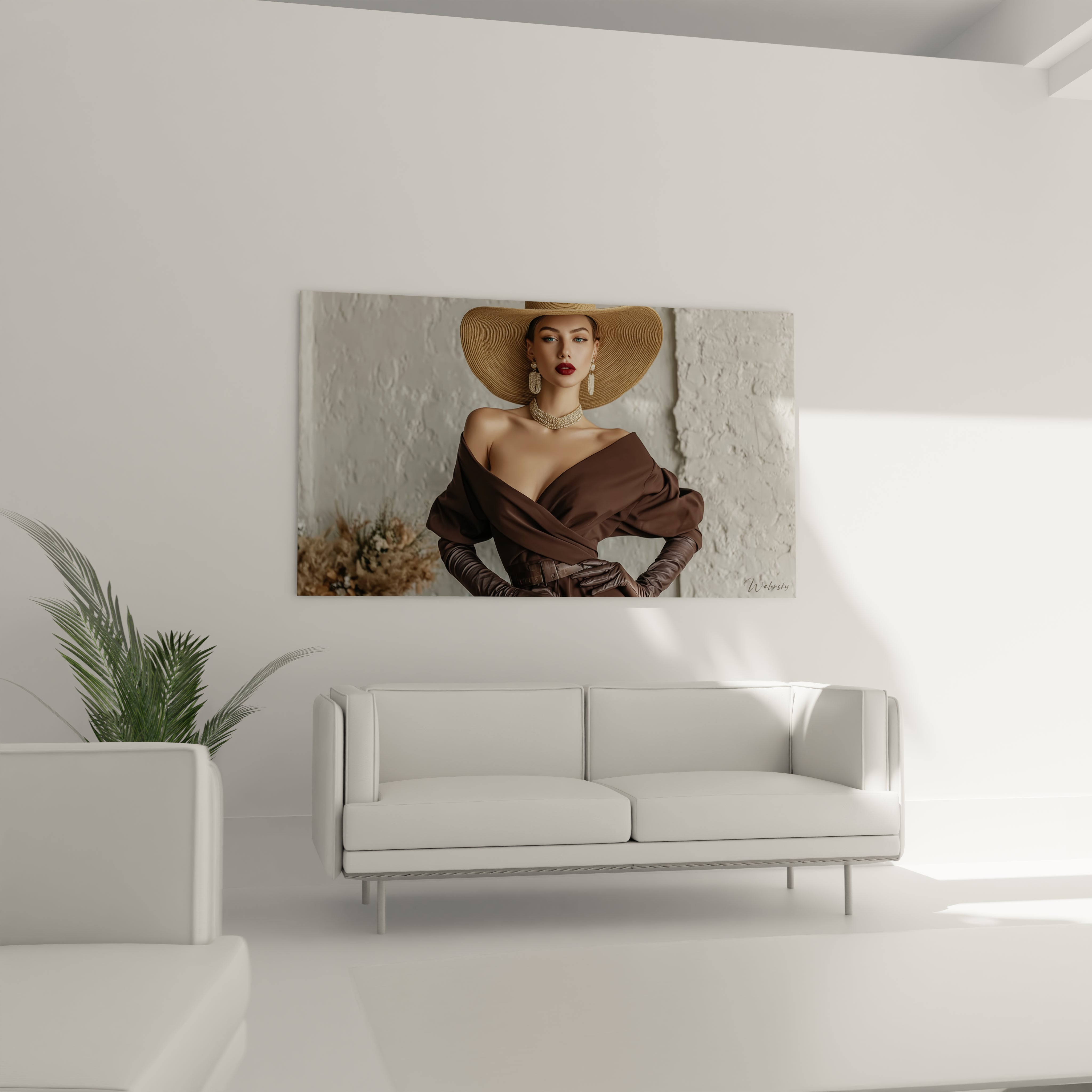 Tableau dame au chapeau de Walensky, une élégante femme avec un chapeau large sur un fond neutre