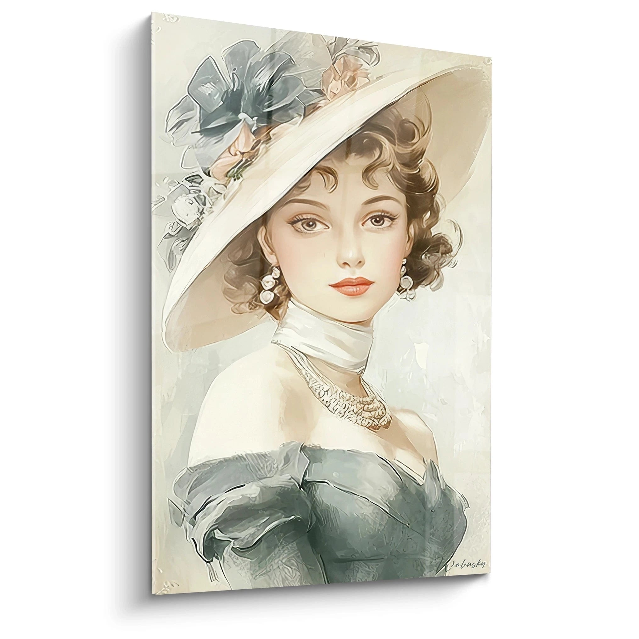 Tableau dame art déco représentant une femme élégante avec un chapeau large et des bijoux raffinés