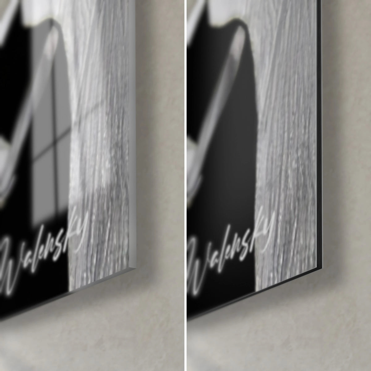 Tableau femme aux lunettes noires, coin bas droit : verre brillant reflétant une fenêtre, alu Dibond gris mat, tranche fine, signature Walensky blanche