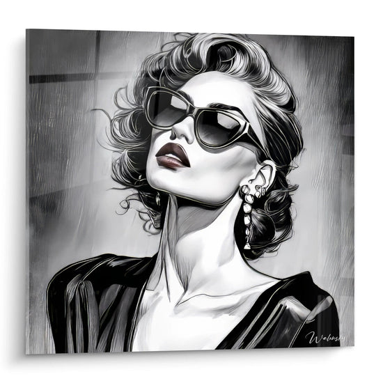 Quadro donna con occhiali illustrazione in stile moderno con eleganti dettagli in bianco e nero