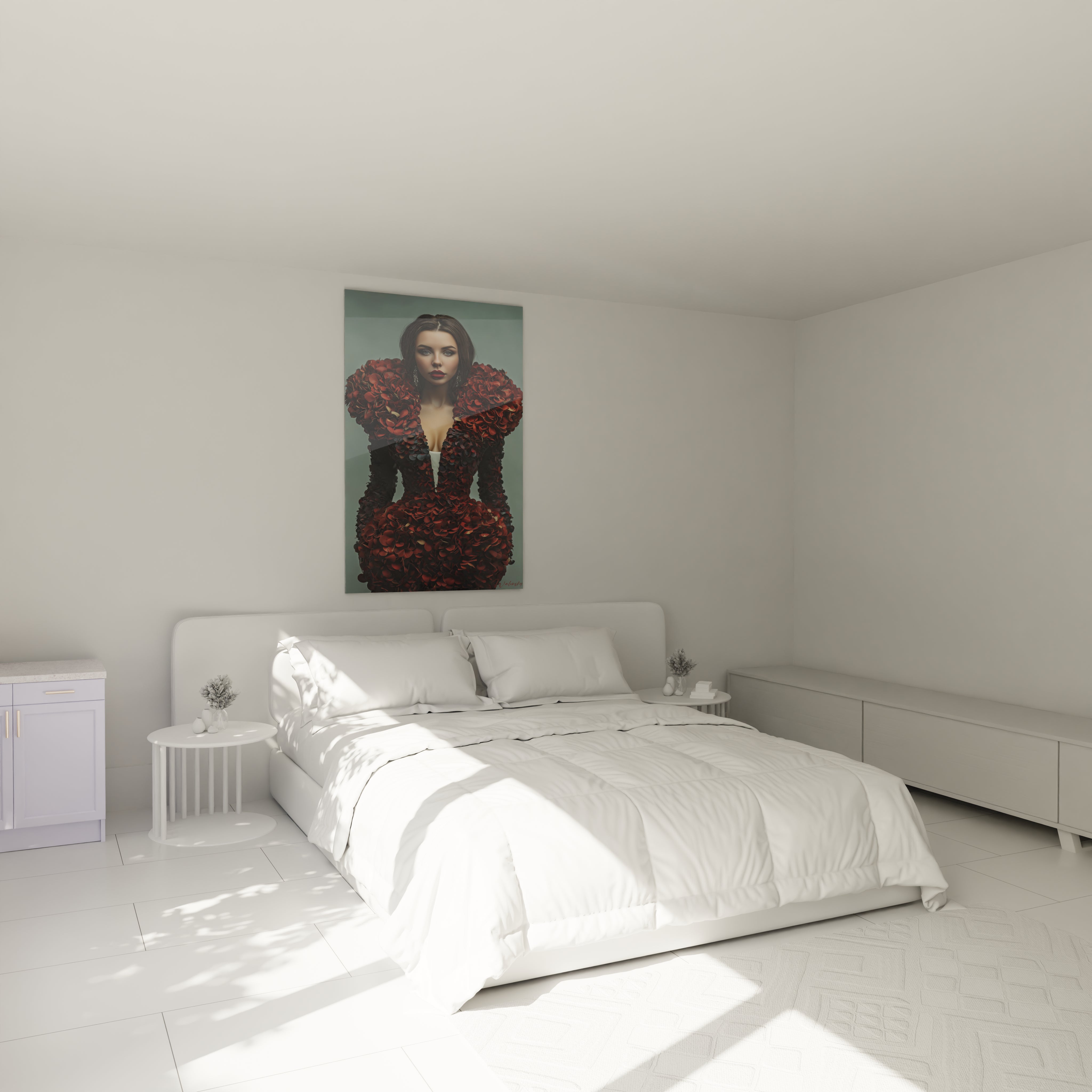 Tableau dame aux roses de Walensky, femme élégante avec des fleurs rouges en arrière-plan, décor de chambre moderne