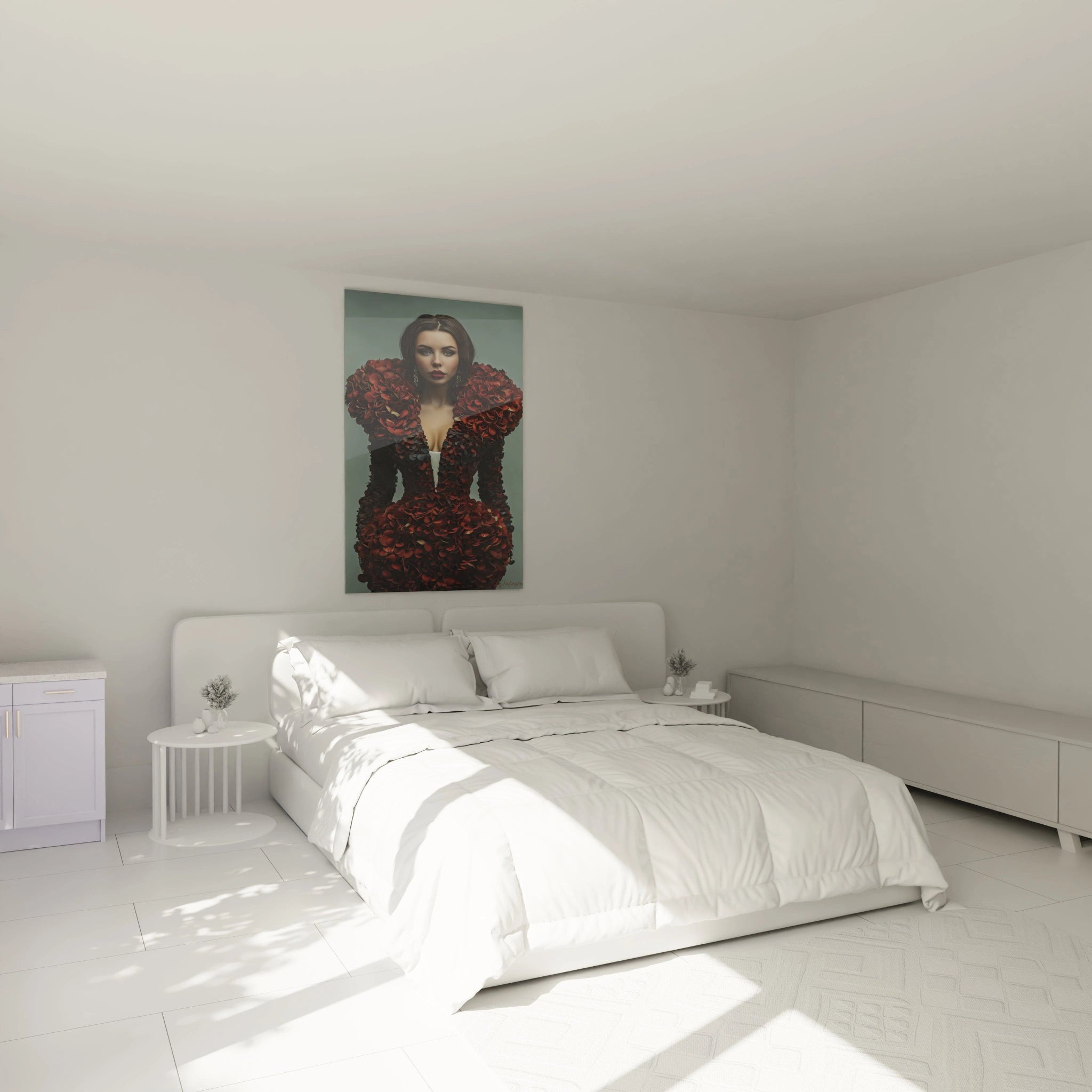 Tableau dame aux roses de Walensky, femme élégante avec des fleurs rouges en arrière-plan, décor de chambre moderne
