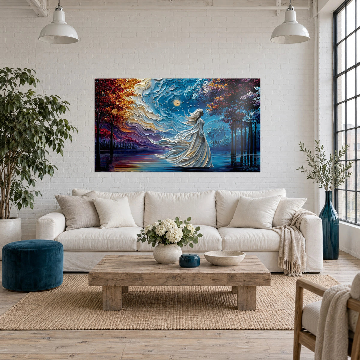 Wall art white draped silhouette facing the moon, red and gold trees in relief, above a sofa in a bright living room