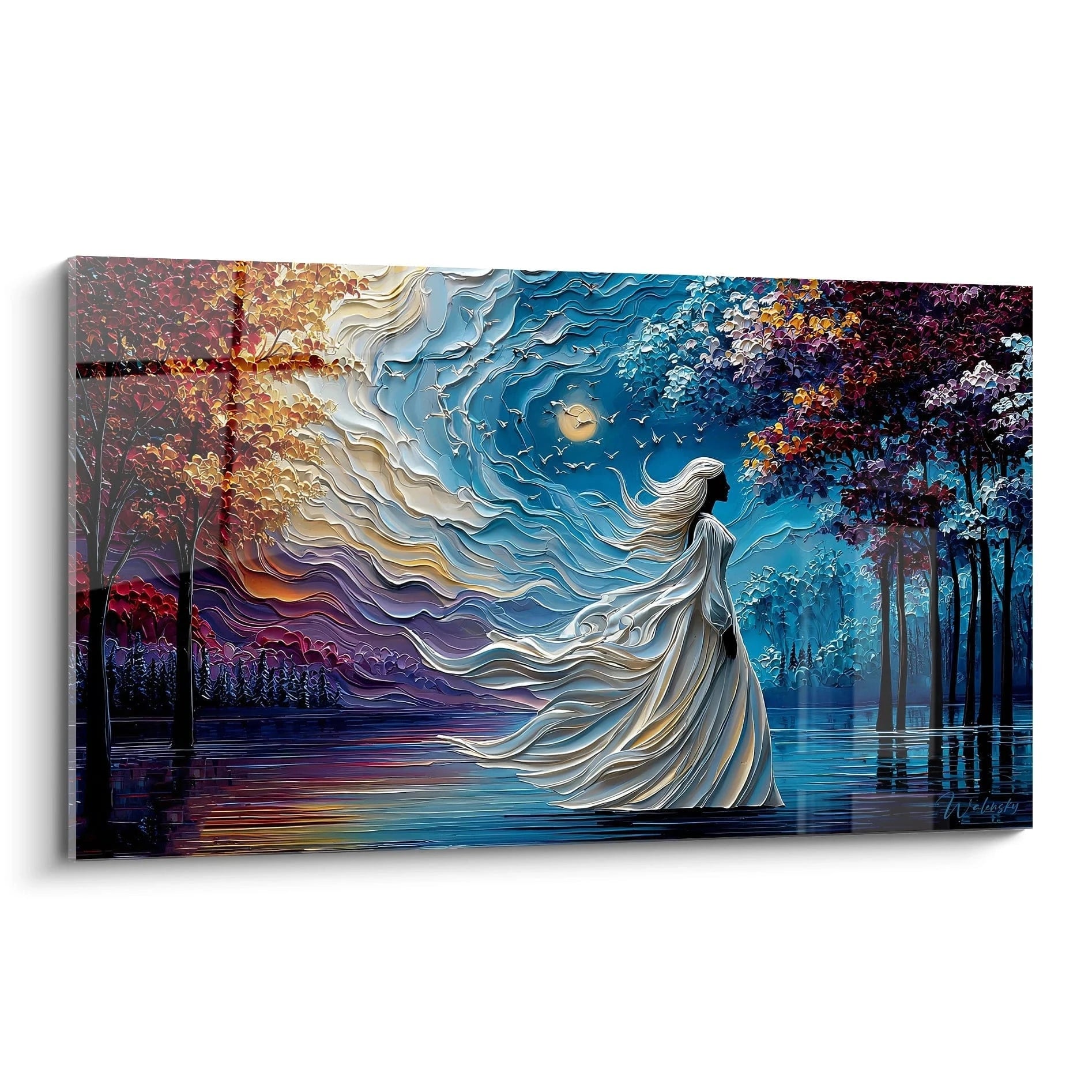 Tableau dame blanche mystique aux cheveux flottants au bord d'un lac avec ciel coloré - art fantastique mural