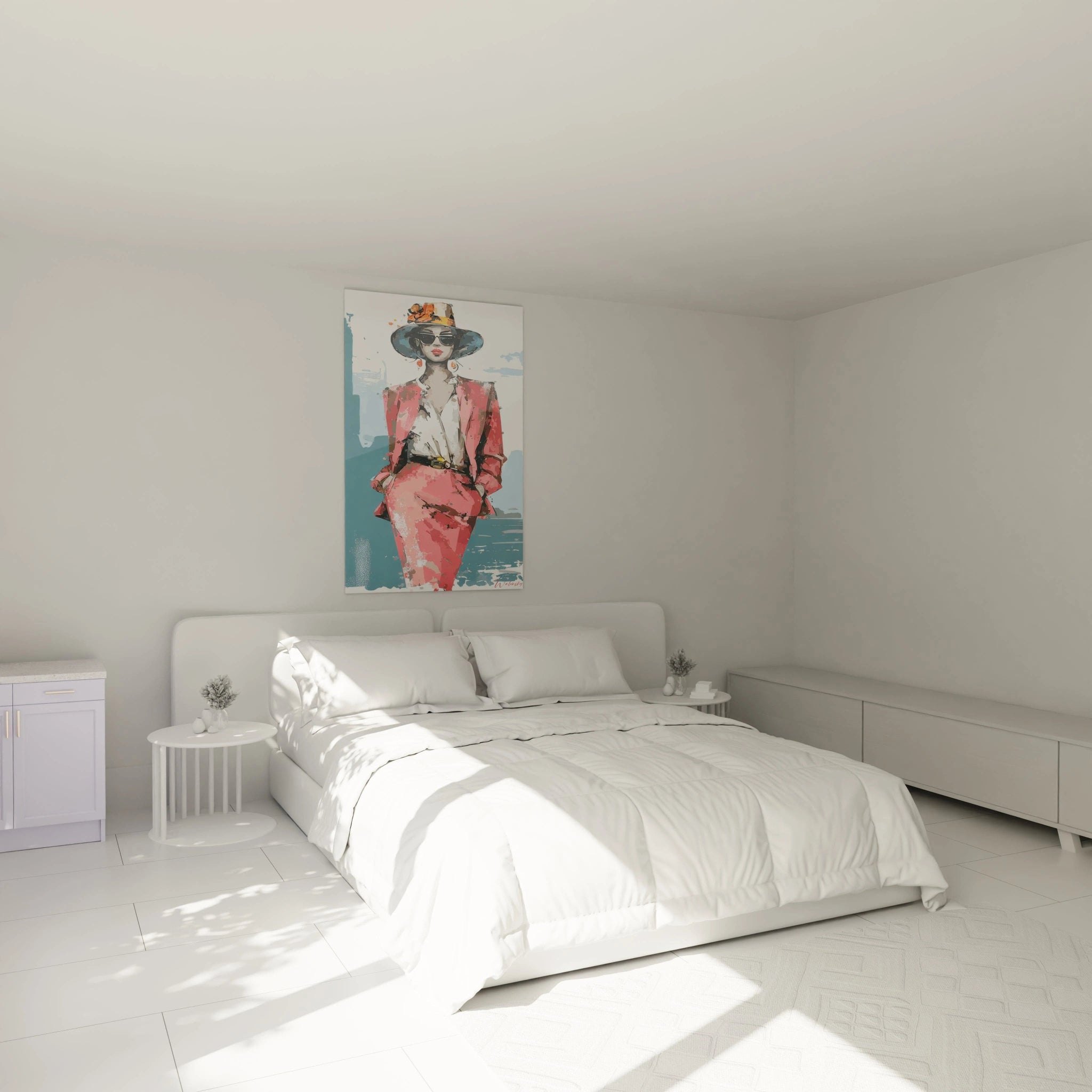 Tableau illustration mode femme de Walensky accroché au mur d'une chambre élégante avec lit lumineux