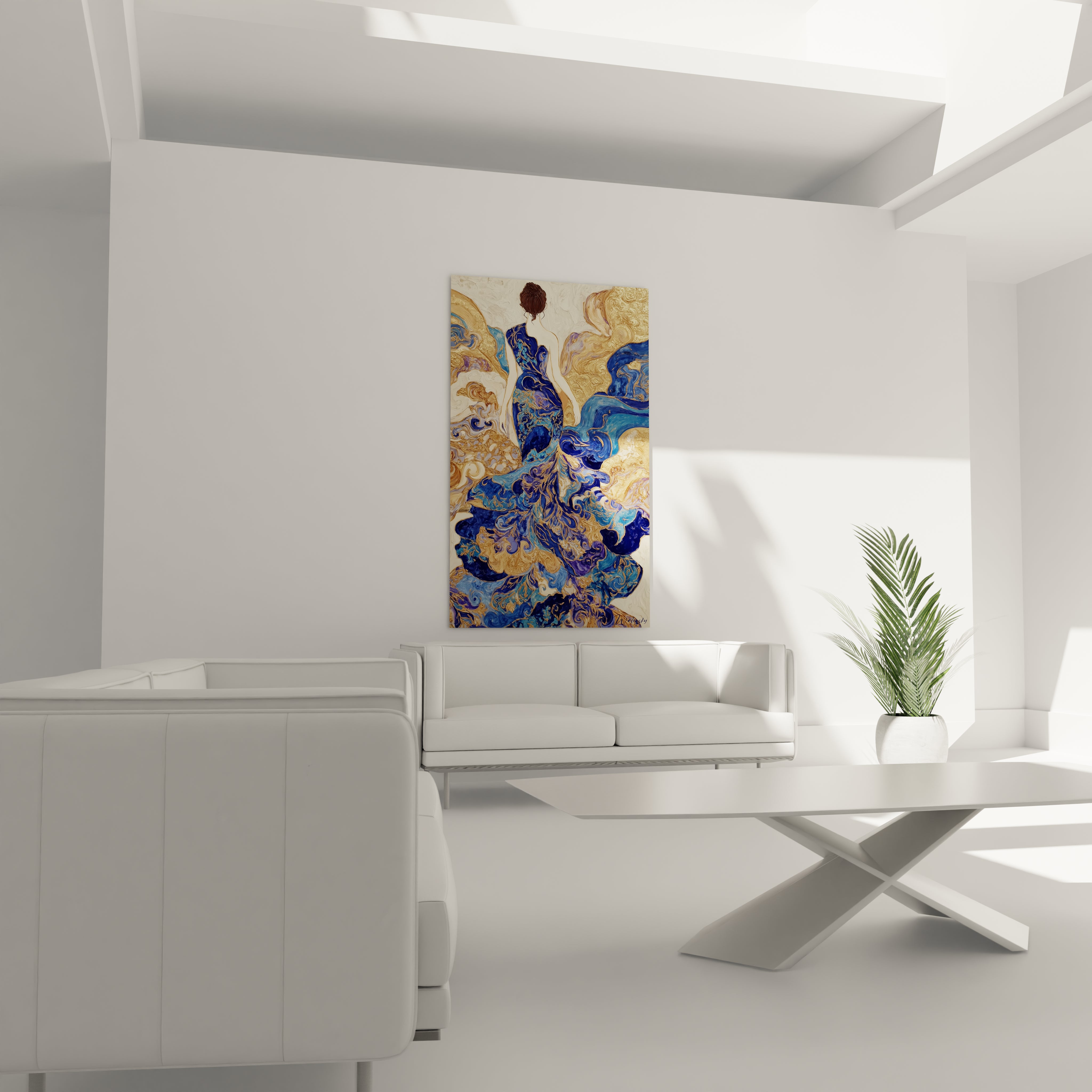 Tableau dame de dos bleu de Walensky, décor mural élégant avec des nuances de bleu et doré.