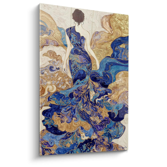Quadro donna di spalle blu con motivi dorati e onde artistiche sullo sfondo