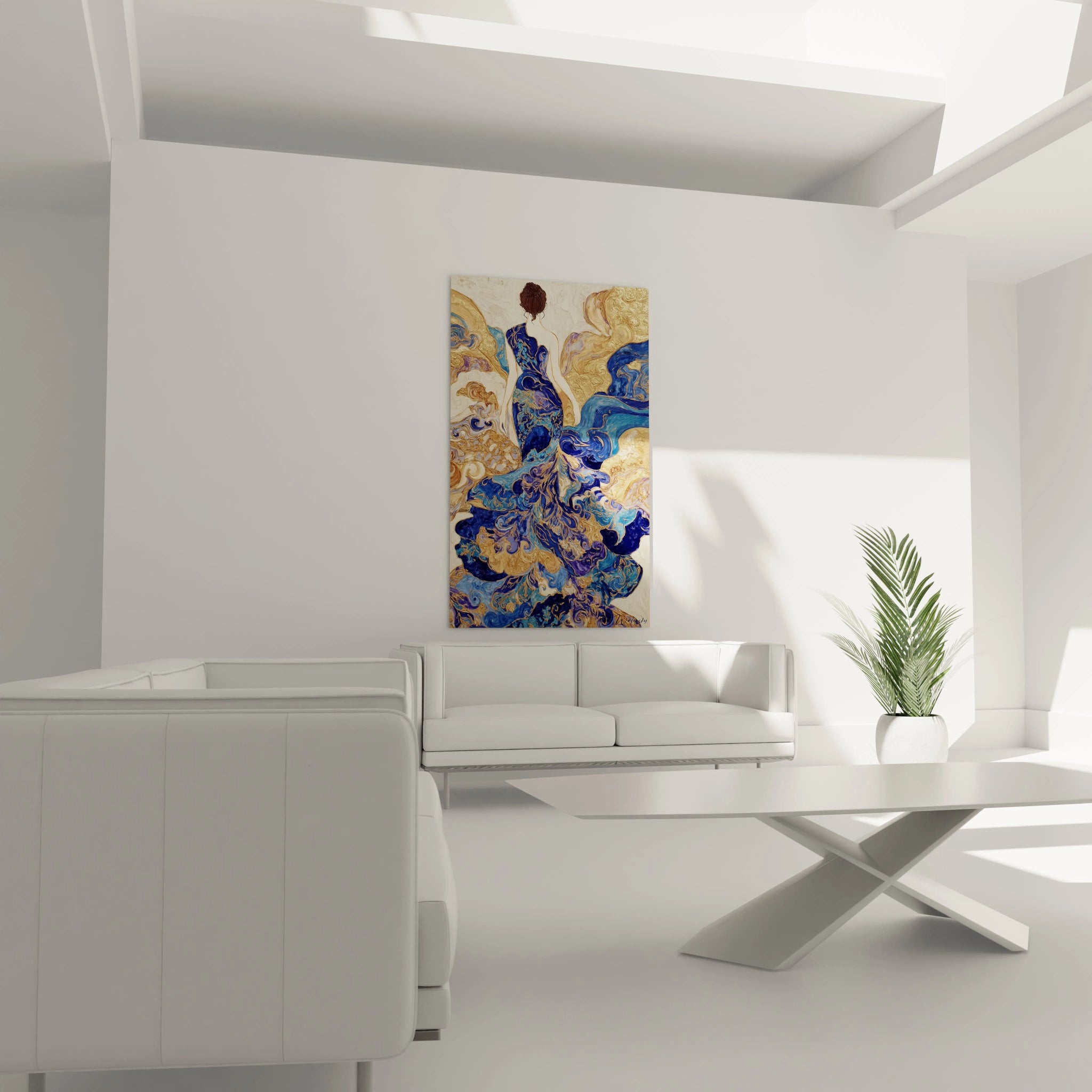 Tableau dame de dos bleu de Walensky, décor mural élégant avec des nuances de bleu et doré.
