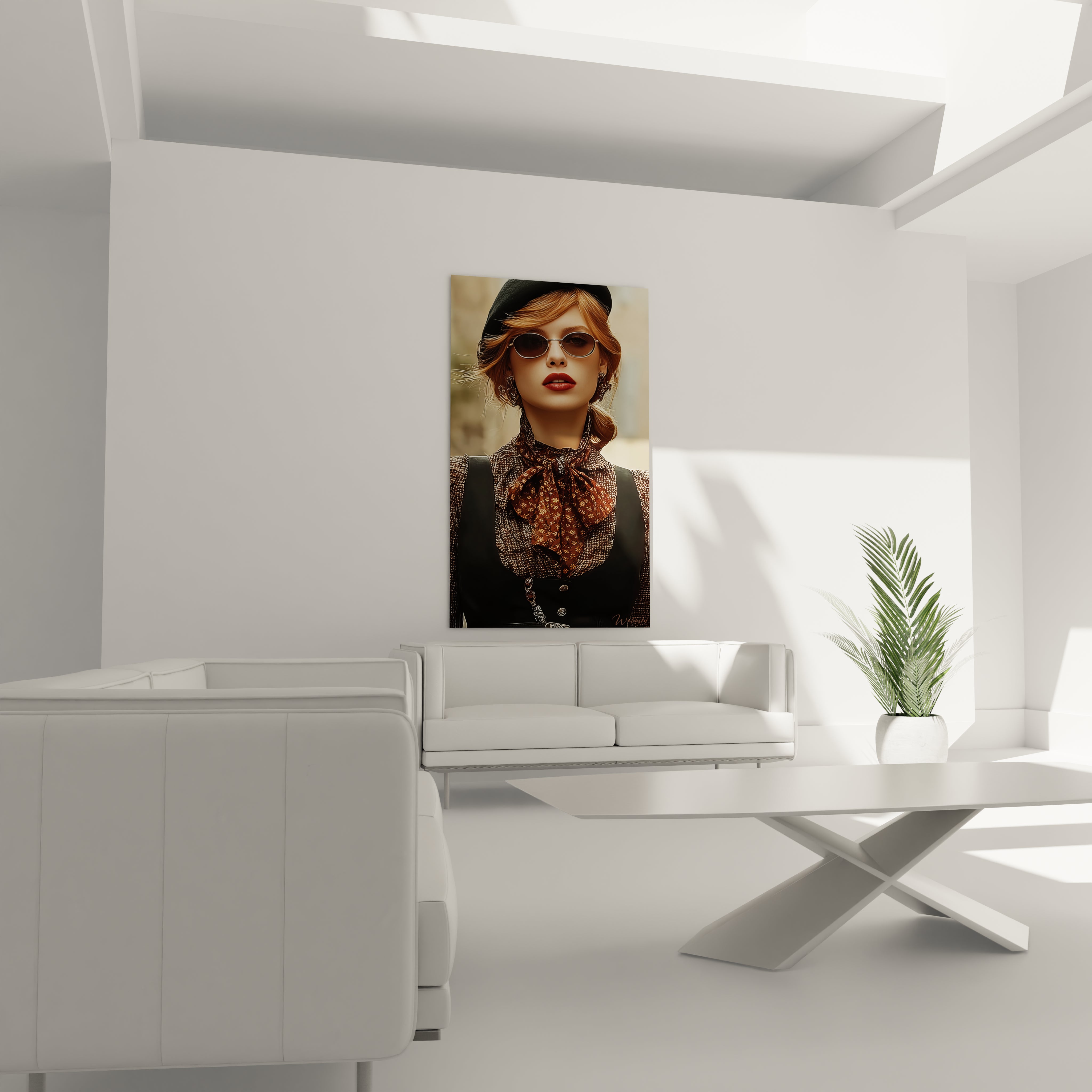 Tableau dame de Paris vintage accroché au mur dans un salon moderne avec un mobilier élégant