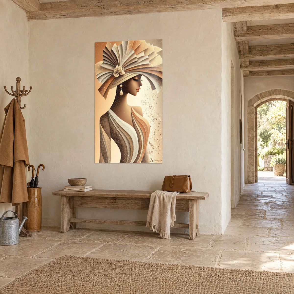 Wall art stylized female portrait, cream and ochre fan-shaped hat, pearl earring, three-quarter view, stone hallway