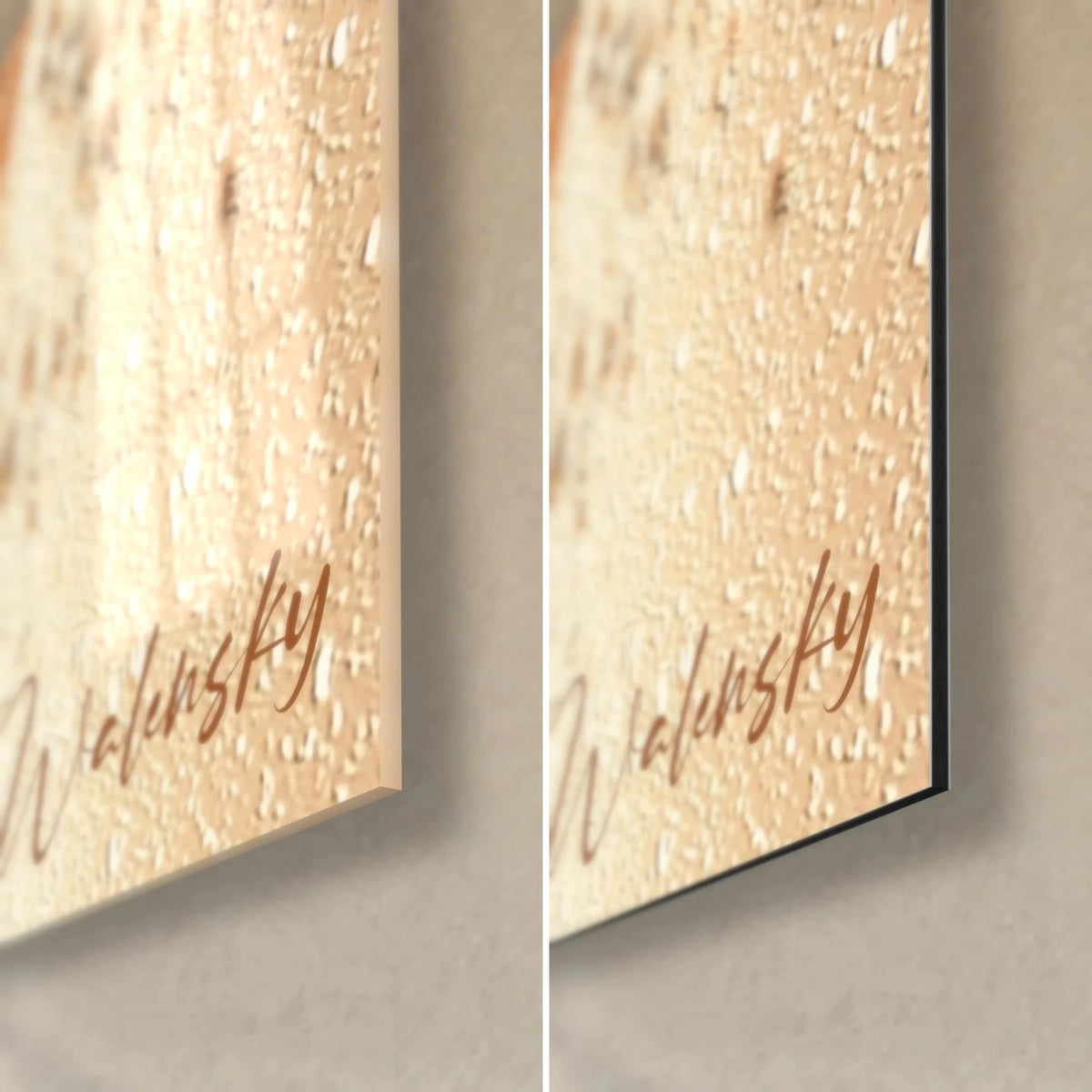 Wall art elegant woman in a pleated hat, bottom right corner: glossy acrylic glass on the left, matte black Dibond on the right, copper signature