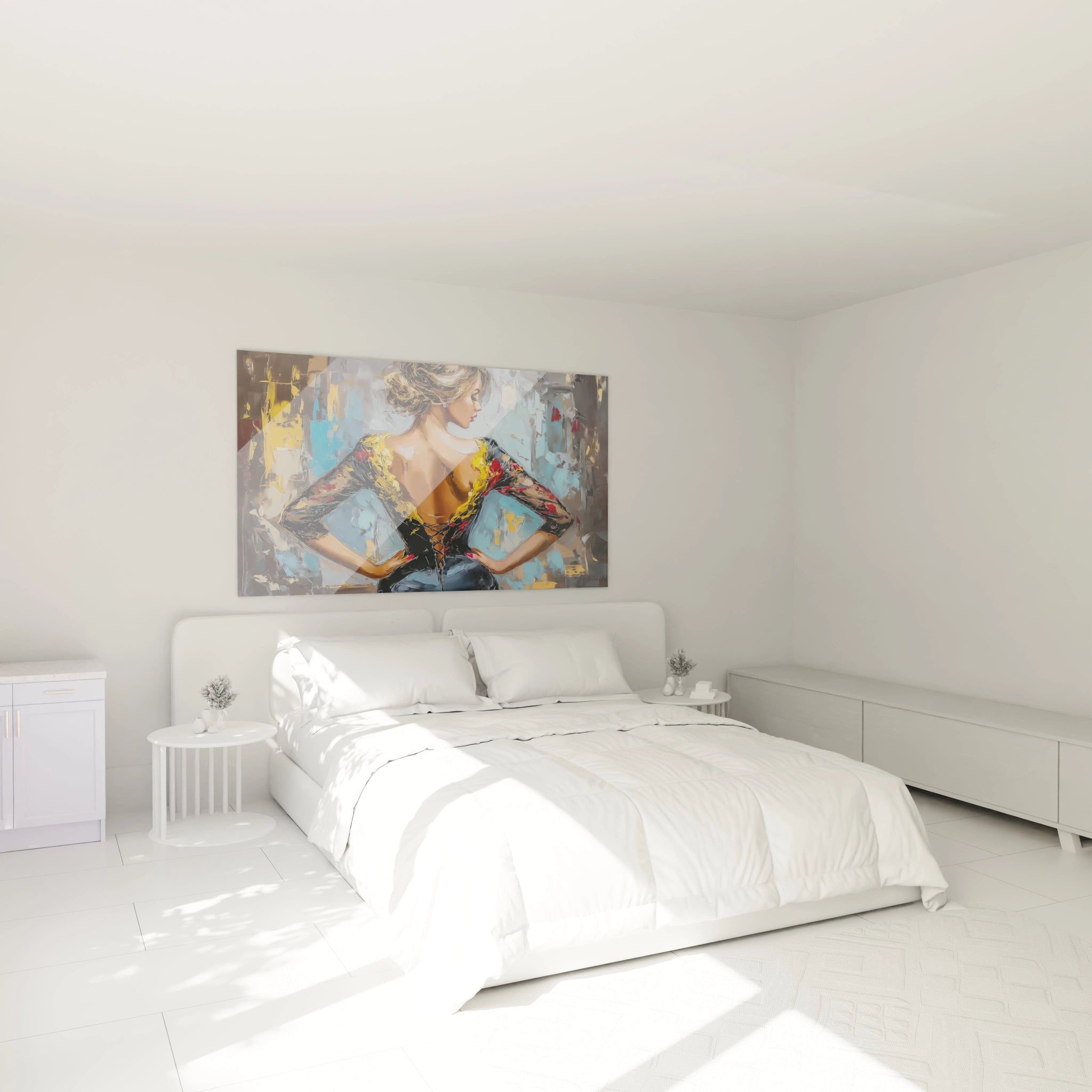 Tableau femme élégante de Walensky accroché au mur dans une chambre lumineuse et moderne