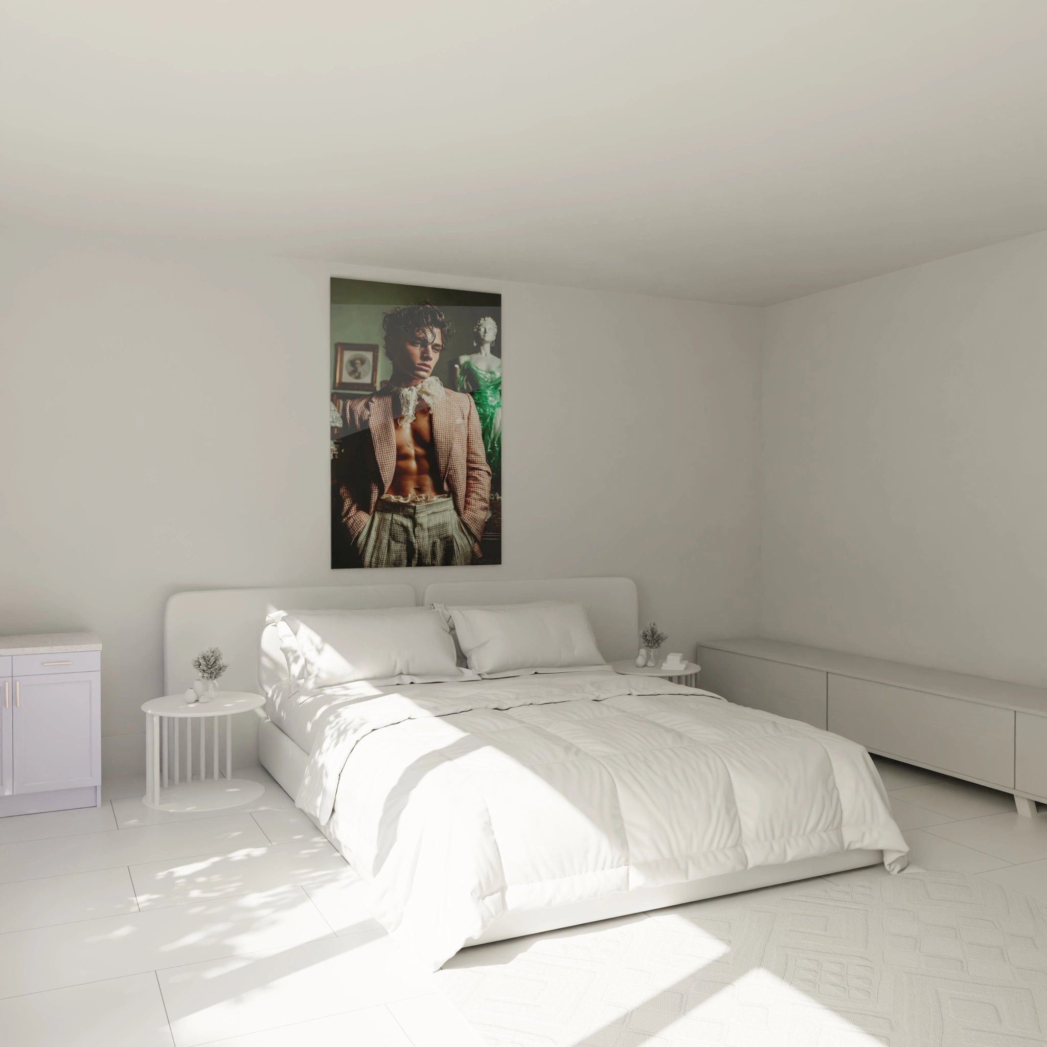Tableau dandy romantique de Walensky décorant un intérieur moderne avec lit et meubles minimalistes