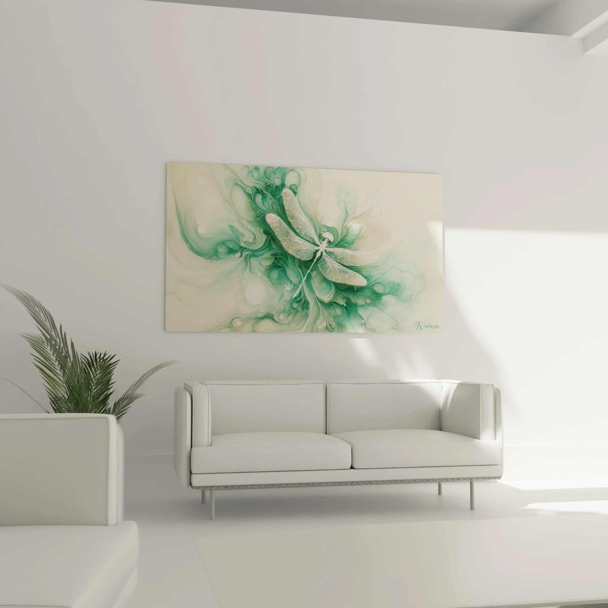 Un tableau abstrait de libellule stylisée sur surface liquide. Les couleurs principales sont vert menthe, blanc irisé et beige pâle. La texture montre des veines fluides tourbillonnantes, des zones de fusion translucides et des ailes finement détaillées avec un effet de dentelle cristalline.
