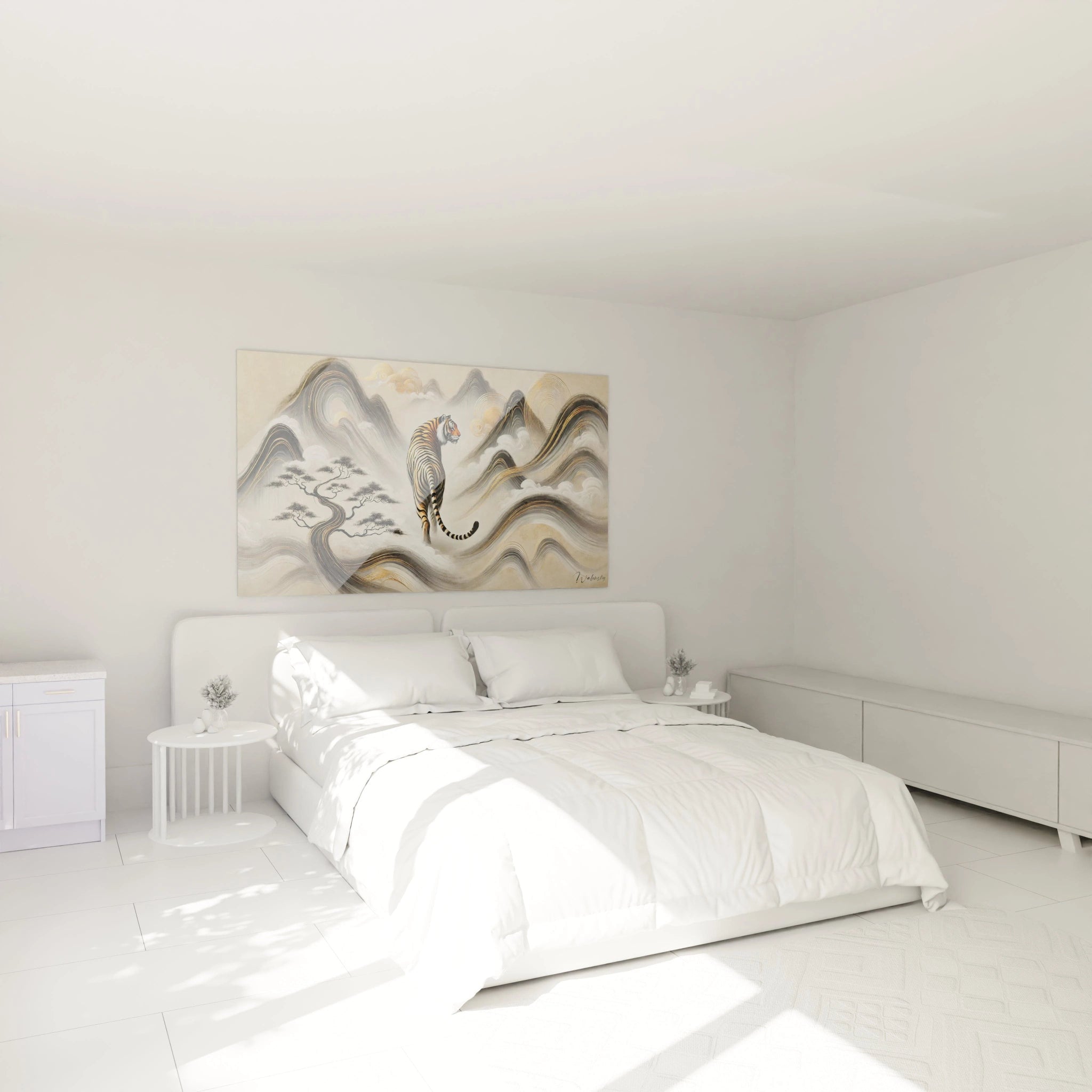 Sublimez votre chambre avec ce tableau chinois au dessus du lit le tigre inspire force et serenite dans un paysage mystique nuances de gris or et beige ambiance apaisante garantie
