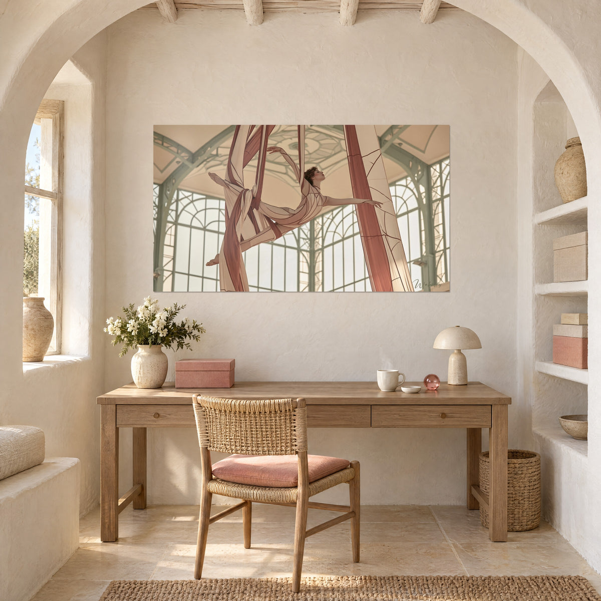 Schilderij circuskunstenaar zwevend in crème en bakstenen sjaals, blik omhoog, aan de muur van een kantoor in licht hout met een rieten stoel