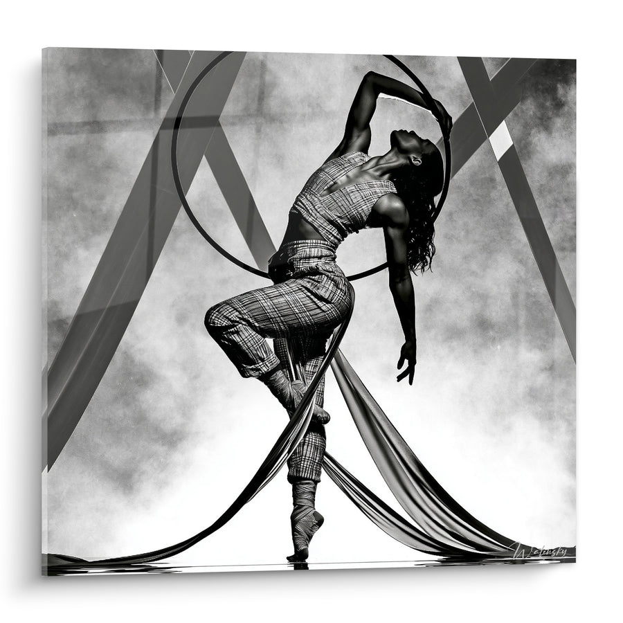Tableau Danseuse noire et blanche aux tissus suspendus - Souffle suspendu - Edition Danse acrobatique
