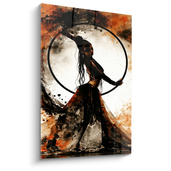 Tableau Danseuse au cerceau noir et orange jupe fluide - Chevelure longue dénouée - Edition Danse acrobatique