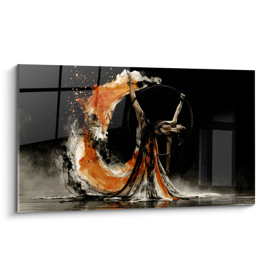 Tableau Danseuse au cerceau robe orange et noire explosive - Reflet sur sol mouillé - Edition Danse acrobatique