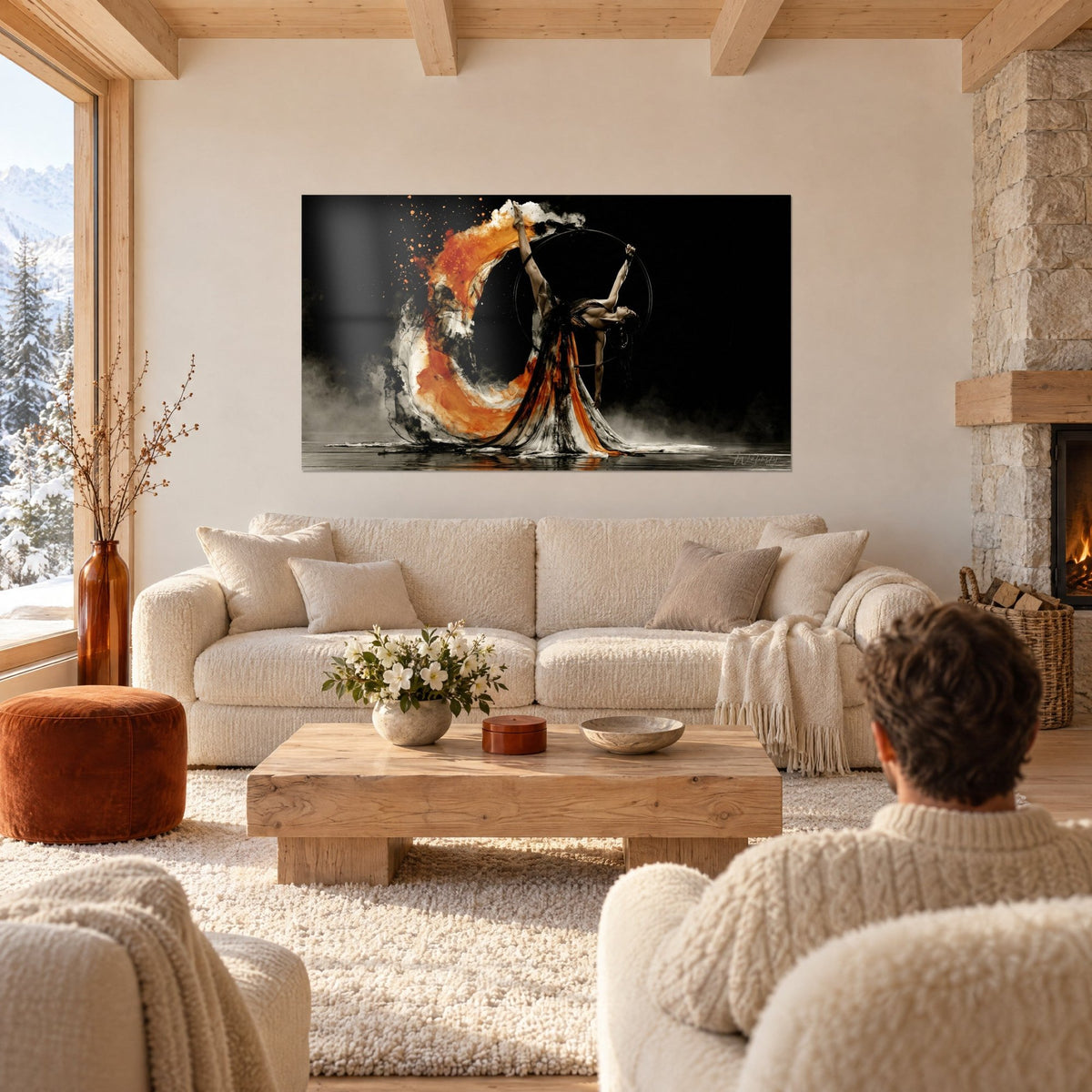 Tableau acrobate sur cerceau aérien, longue robe orange et noire sur fond noir, au-dessus d'un canapé dans un salon lumineux