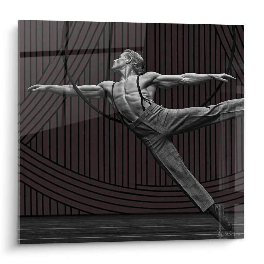Tableau Danseur torse nu bretelles noires pantalon gris - Lignes géométriques en arrière-plan - Edition Danse acrobatique