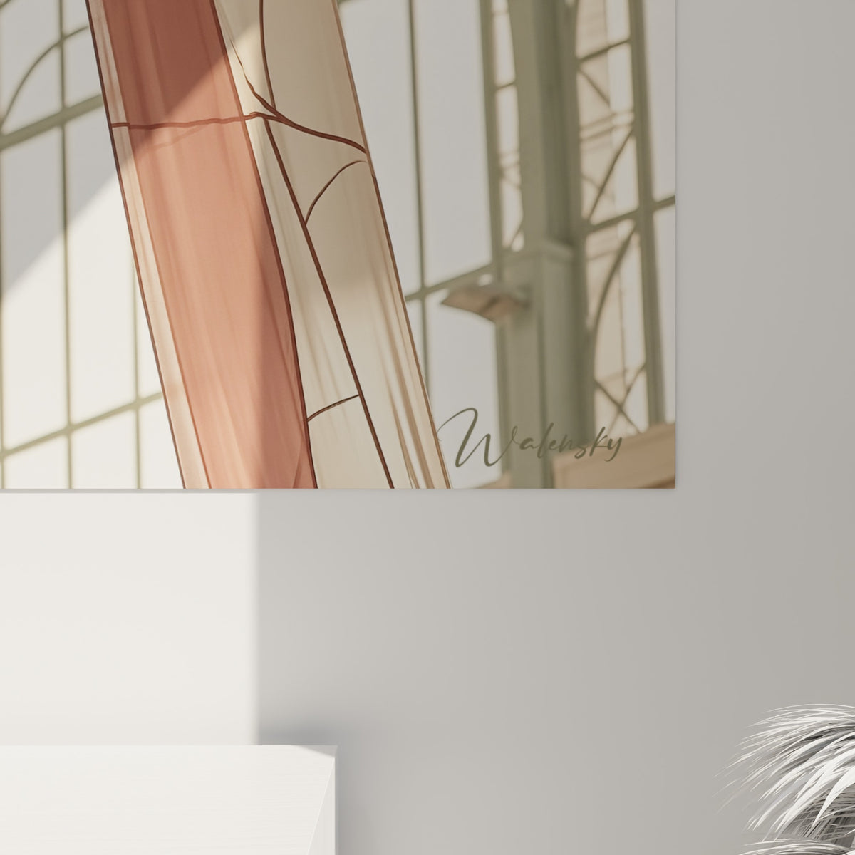 Traits fins et ombres graphiques du tissu terracotta peint, détail de matière sur la toile accrochée au mur