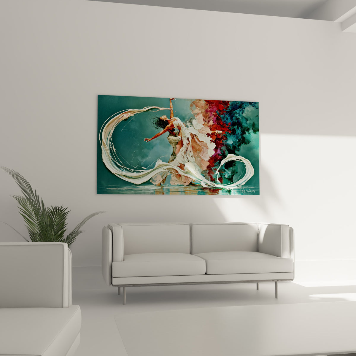 Couple en danse acrobatique, tissu blanc sculpté et bleu profond, au-dessus d'un canapé dans un salon lumineux