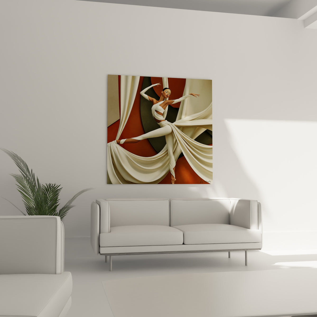 Silhouette gracieuse en tissu ivoire sur fond ocre et terracotta, au-dessus d'un canapé dans un salon lumineux