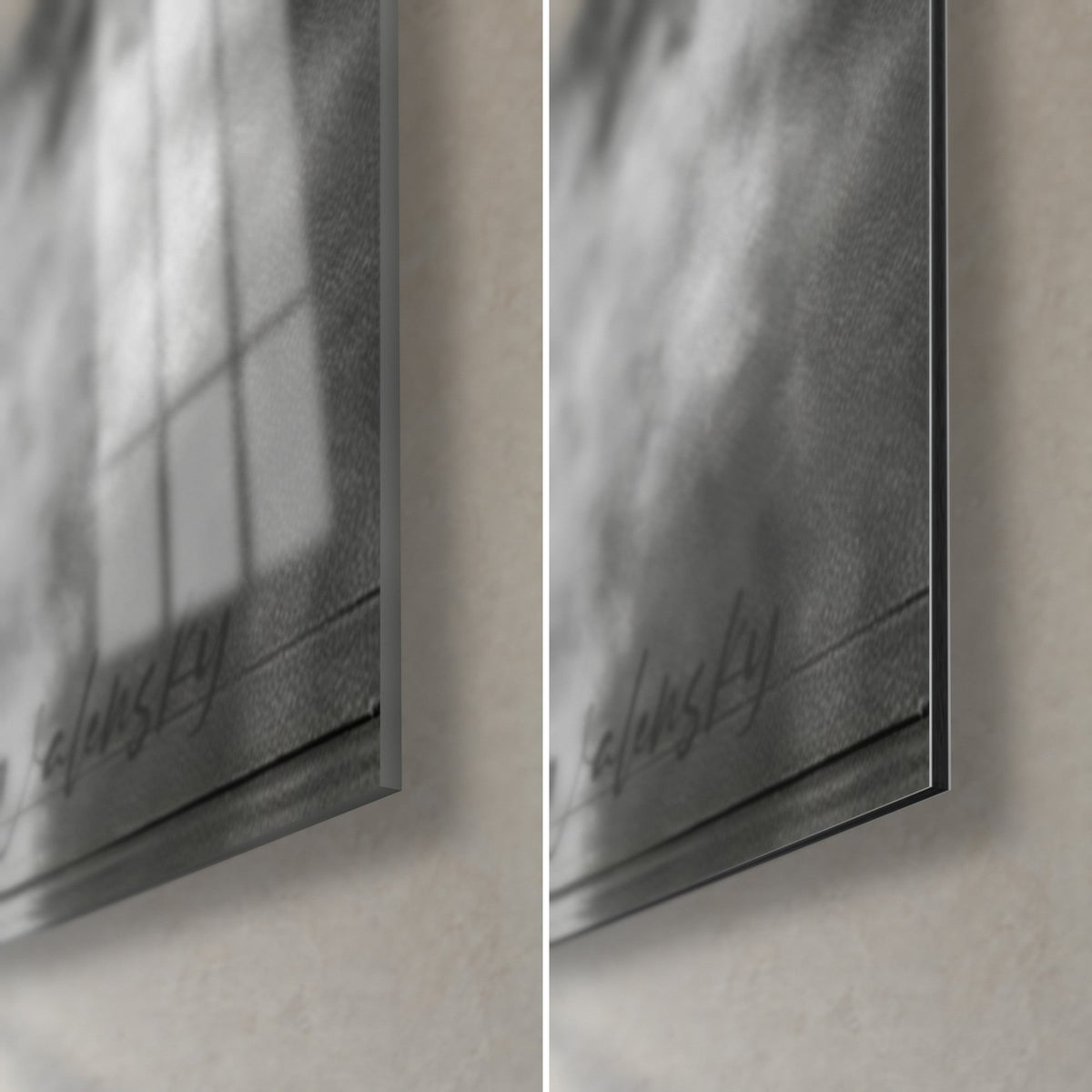 Quadro artista circense con cerchio, angolo in basso a destra, vetro acrilico lucido a sinistra, Dibond grigio opaco a destra, spessore 3 mm