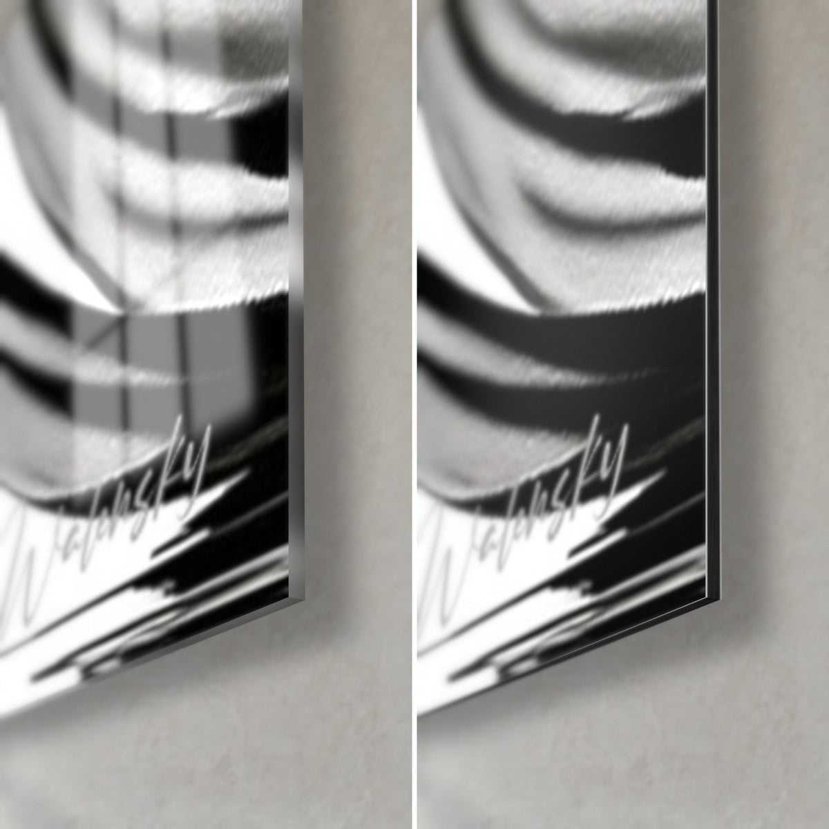Gemälde Zirkuskünstlerin im karierten Kostüm, untere rechte Ecke, Signatur Walensky, glänzendes Acrylglas und mattes weißes Dibond, 3 mm Kante