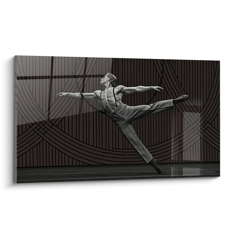 Tableau Danseur torse nu gris et brun bretelles noires - Grand écart aérien - Edition Danse acrobatique