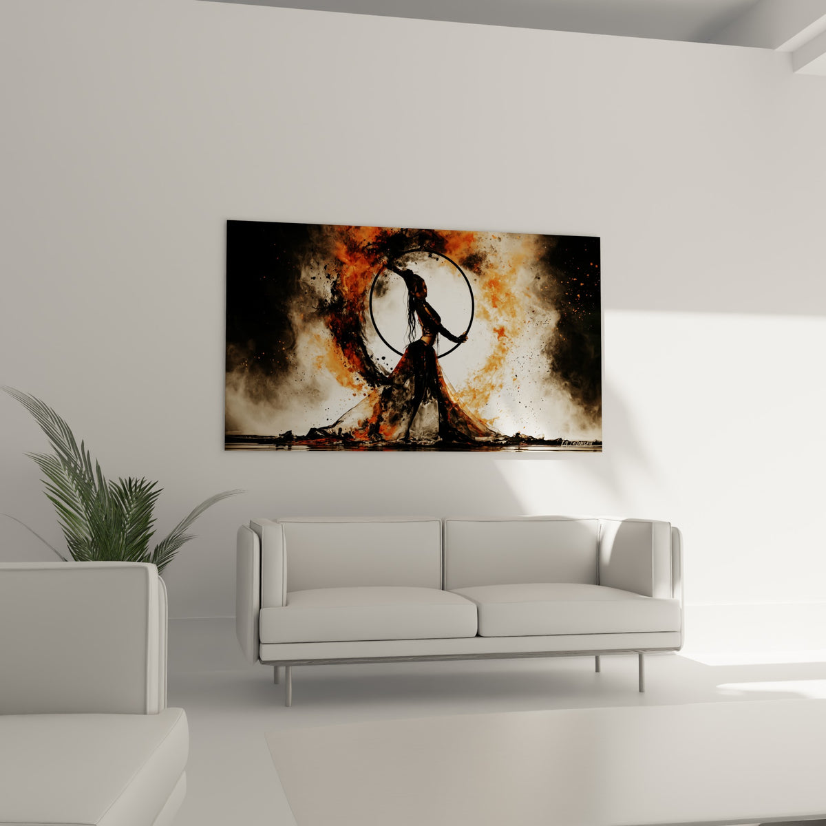 Performeuse Danse acrobatique cernée de flammes ocre et fumée sombre, au-dessus d'un canapé dans un salon lumineux