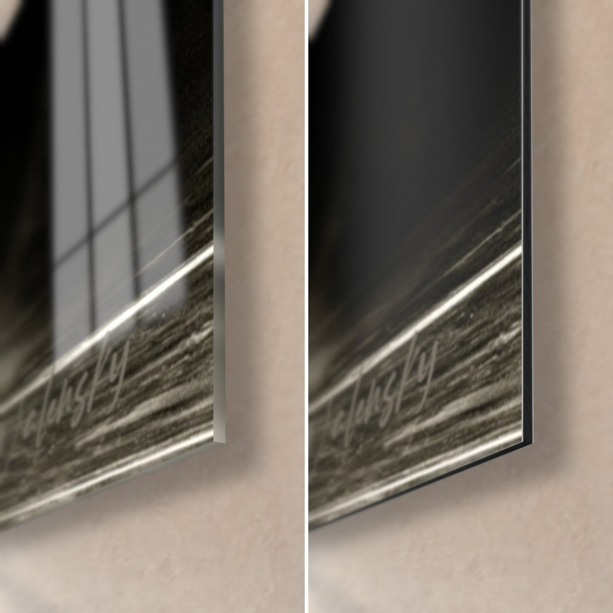 Tableau voltigeuse au cerceau, coin bas droit : verre acrylique brillant et reflets à gauche, alu Dibond noir mat, tranche de 3 mm