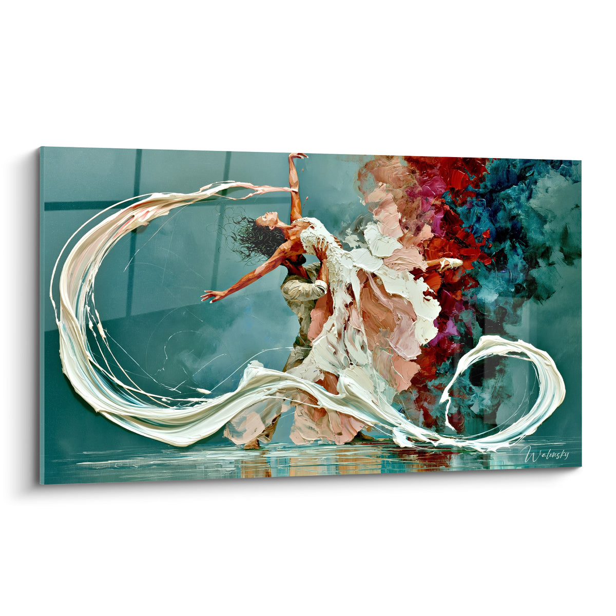 Danseuse en danse acrobatique portée, drapé blanc et fond bleu pétrole, touches bordeaux vives