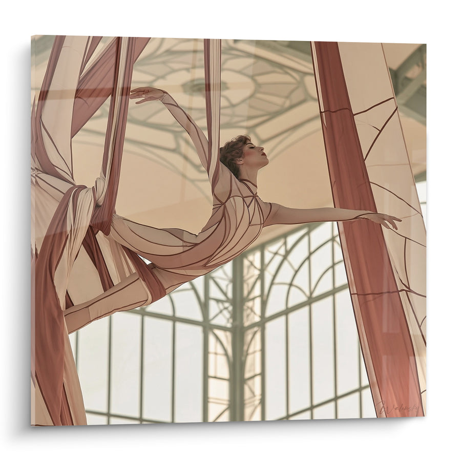 Tableau Danseuse ivoire et rose sous verrière vitrée - Verrière à motifs géométriques - Edition Danse acrobatique