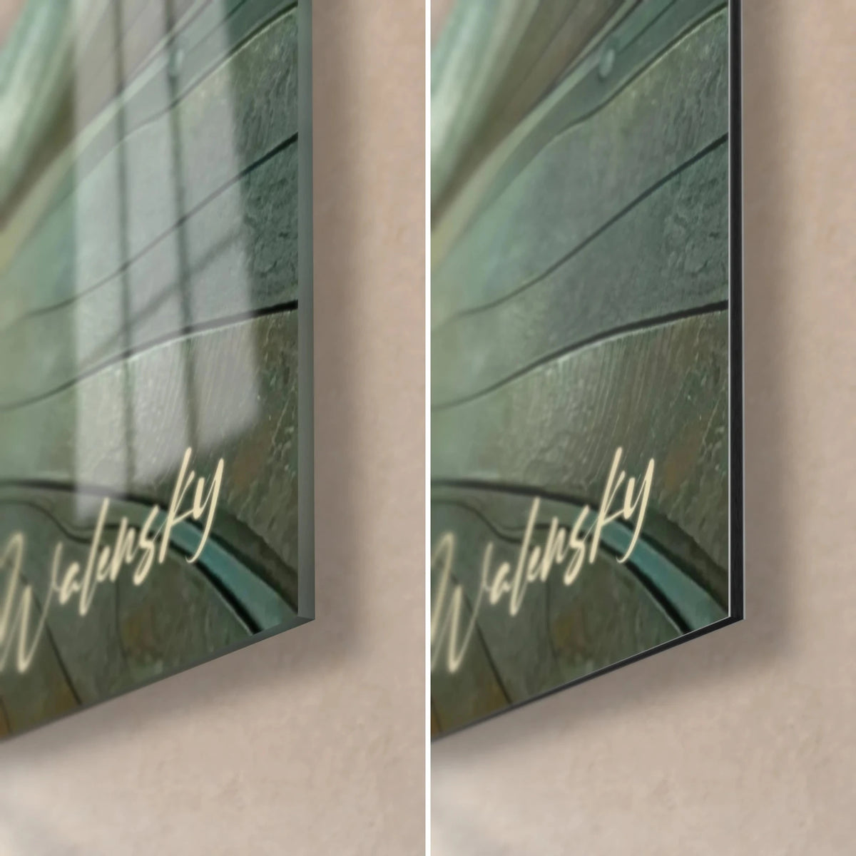 Wall art dragonfly with amber wings, bottom right corner: glossy acrylic glass on the left, matte Dibond aluminium on the right, 3 mm edge