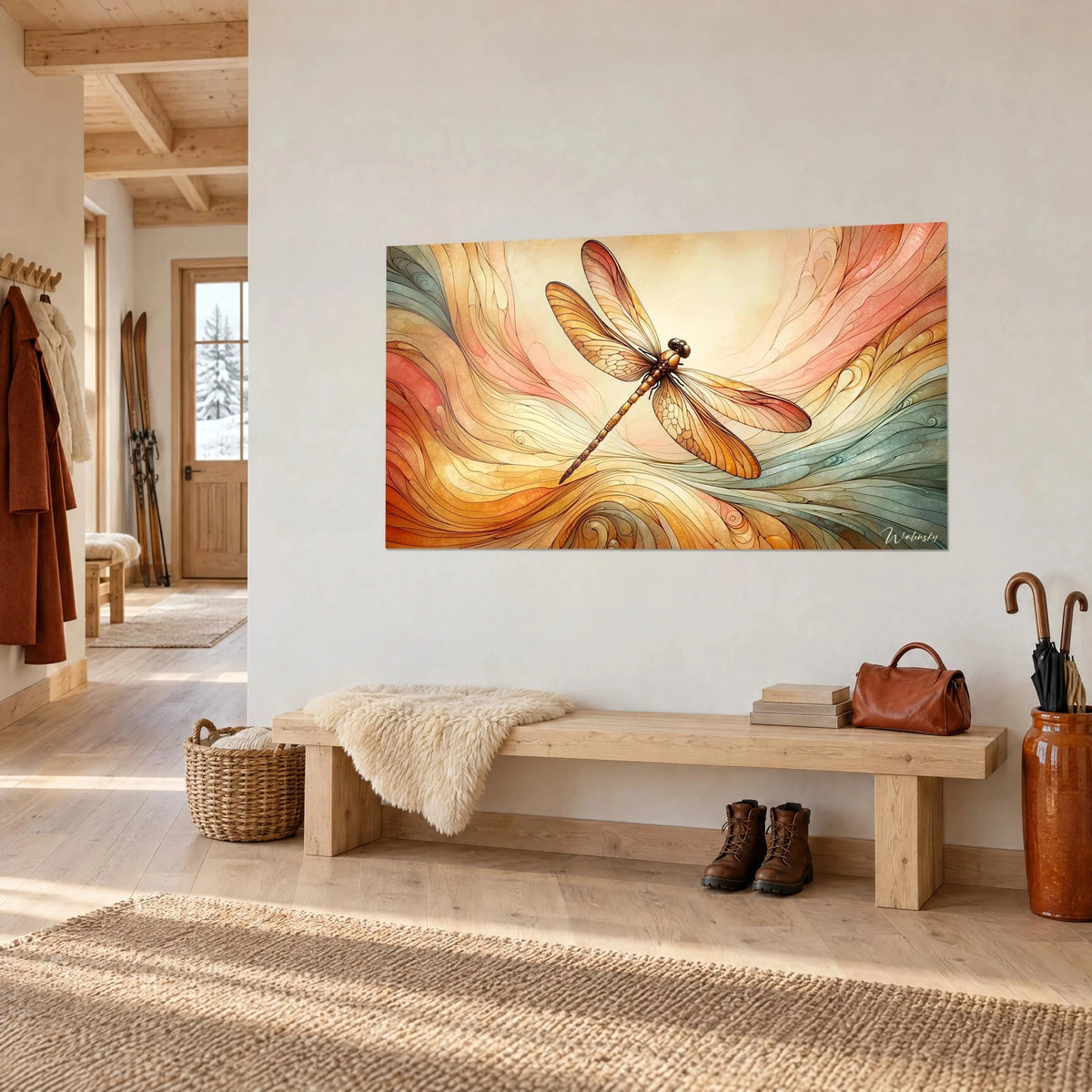 Wall art golden winged insect with coppery highlights, turquoise and coral swirls, shown three-quarter view in a chalet