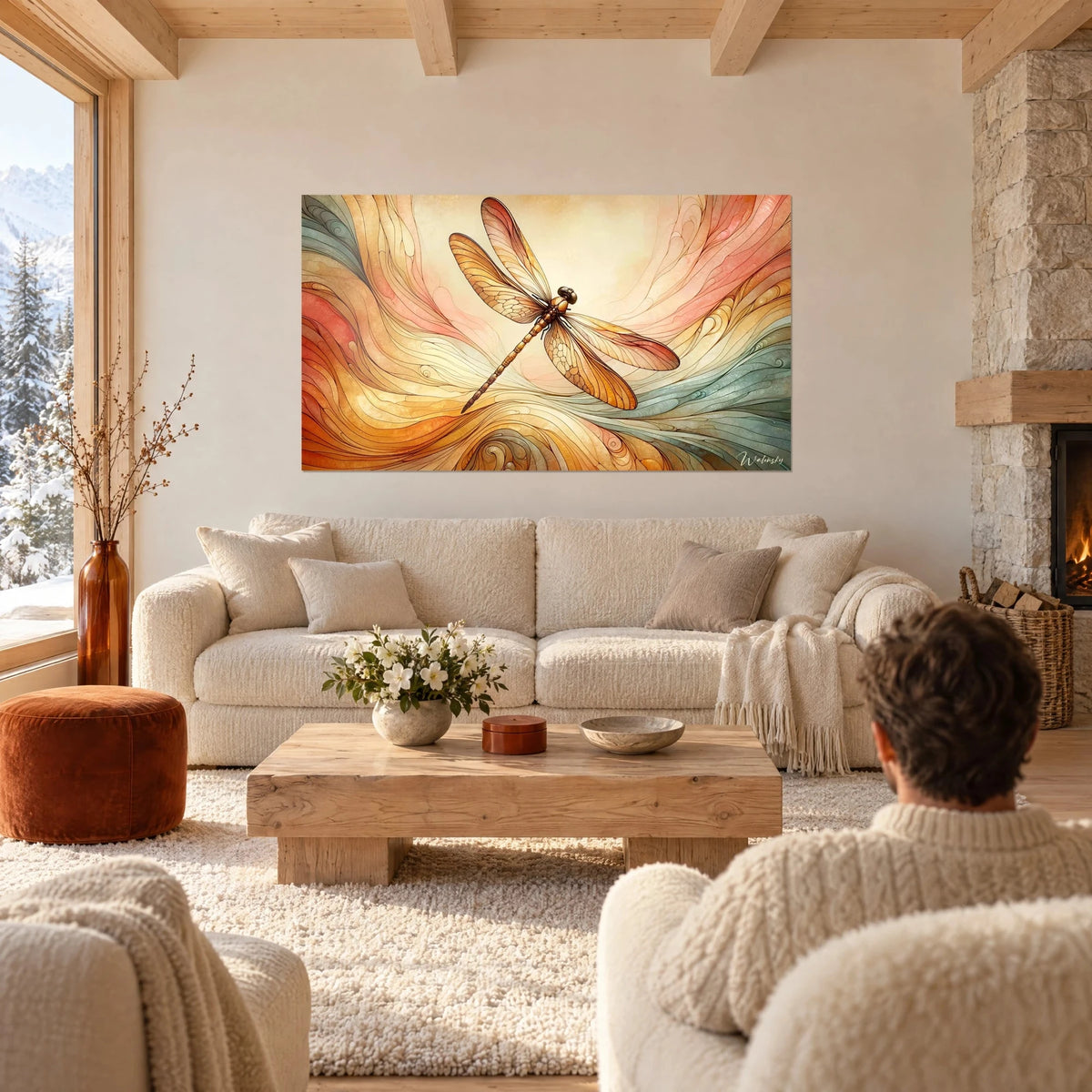 Wall art dragonfly with amber wings finely veined in pink, over golden waves, hung above a sofa in a bright living room