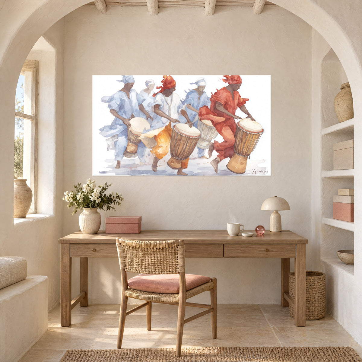 Quadro Gruppo di tamburi africani, scalzi in movimento, toni azzurro ghiaccio e rosso ardente, sopra una scrivania in legno chiaro