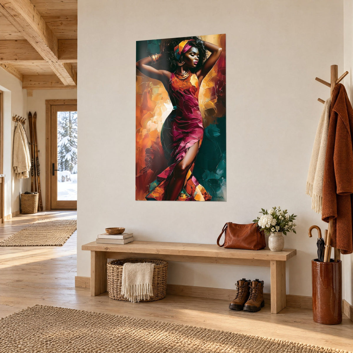 Tableau silhouette dansante au foulard jaune et robe magenta, éclats orange et sarcelle, sur mur blanc d'un chalet