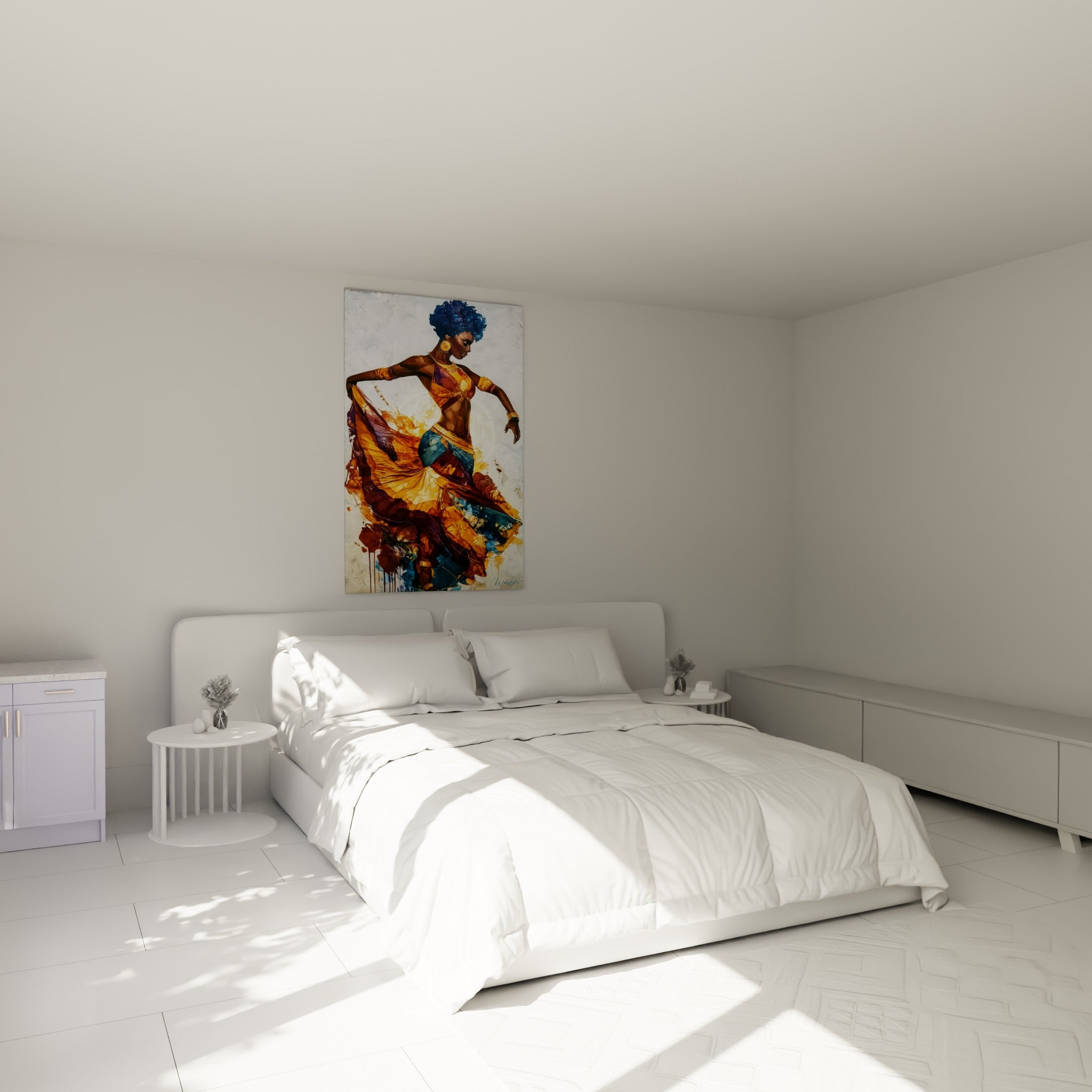 Silhouette en robe dorée et bordeaux tourbillonnante, tableau Danse africaine au-dessus d'un lit dans une chambre claire