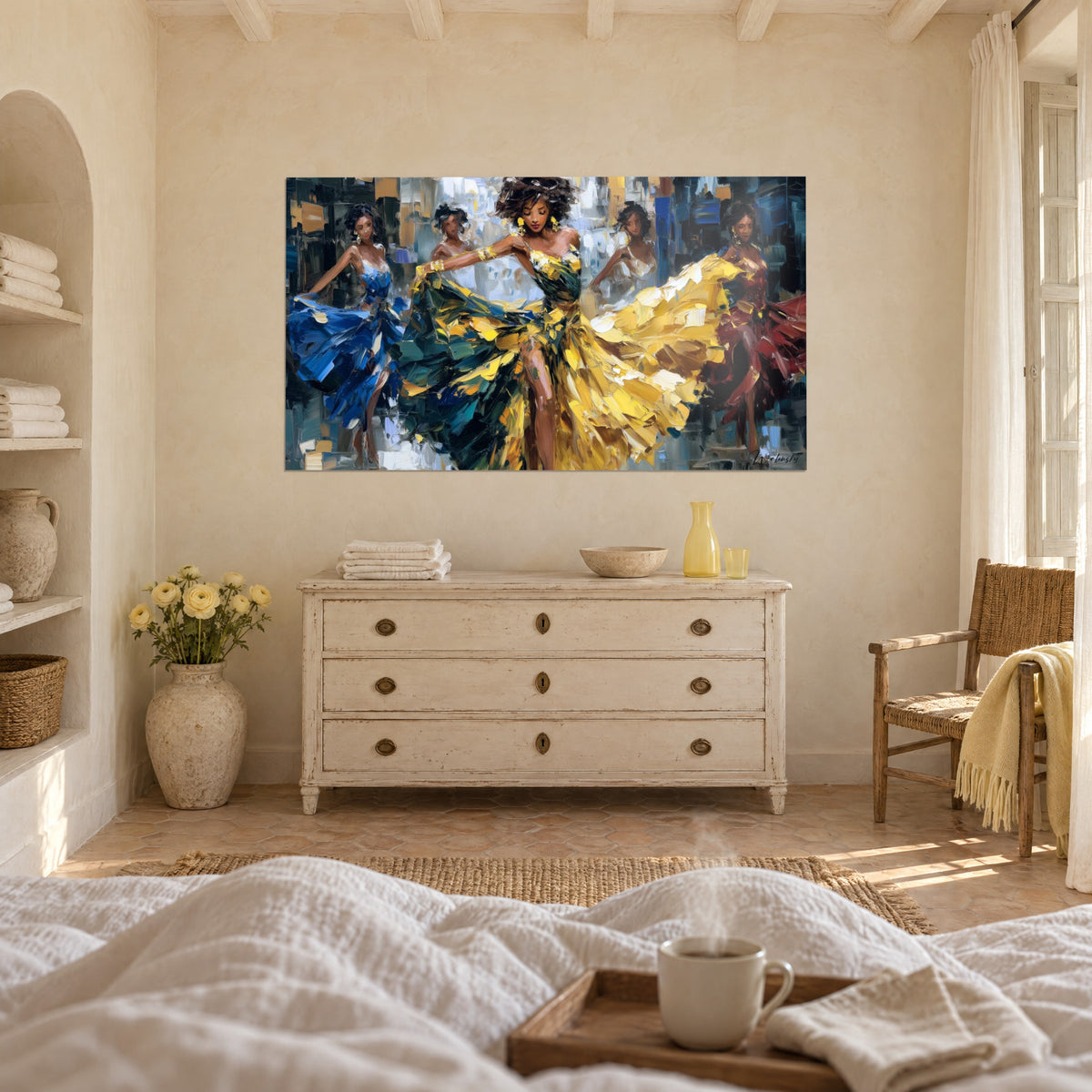 Schilderij Afrikaanse dans met goudgele en diepblauwe volants, spatelimpasto, boven een bed in een heldere slaapkamer