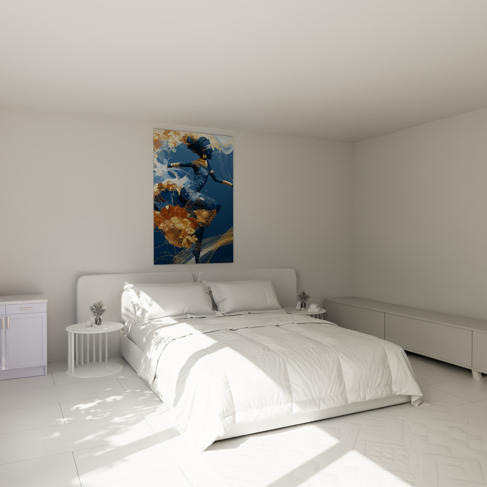 Silhouette dansante bleu marine et motifs dorés accrochée au-dessus d'un lit dans une chambre claire