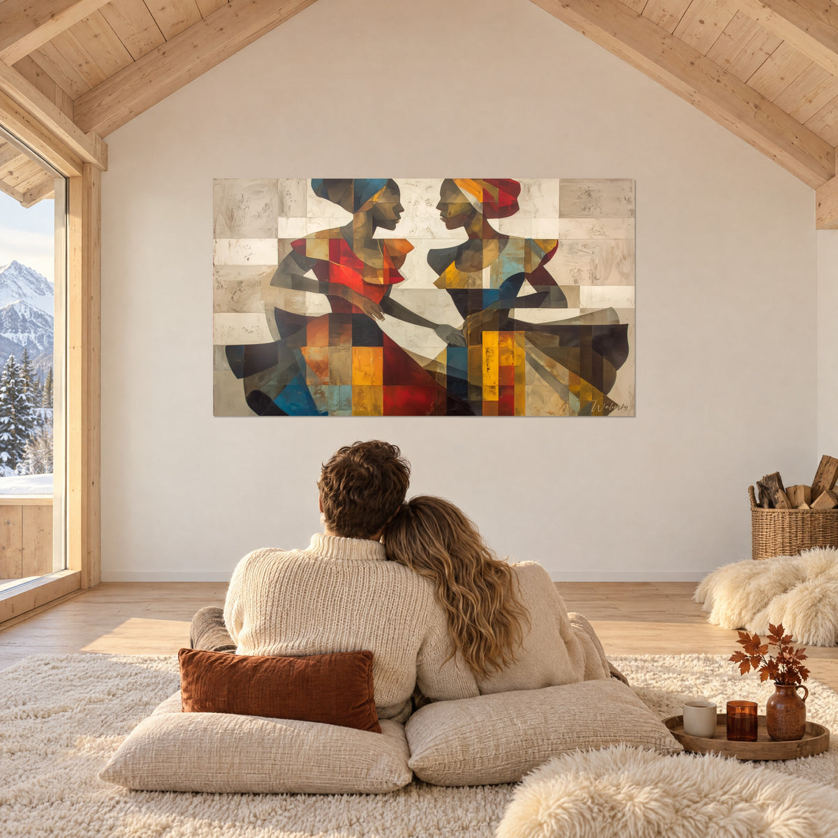 Tableau danse africaine en facettes colorées, coiffes rouge et bleu, grandes jupes sombres, mur blanc d'une chambre mansardée en bois