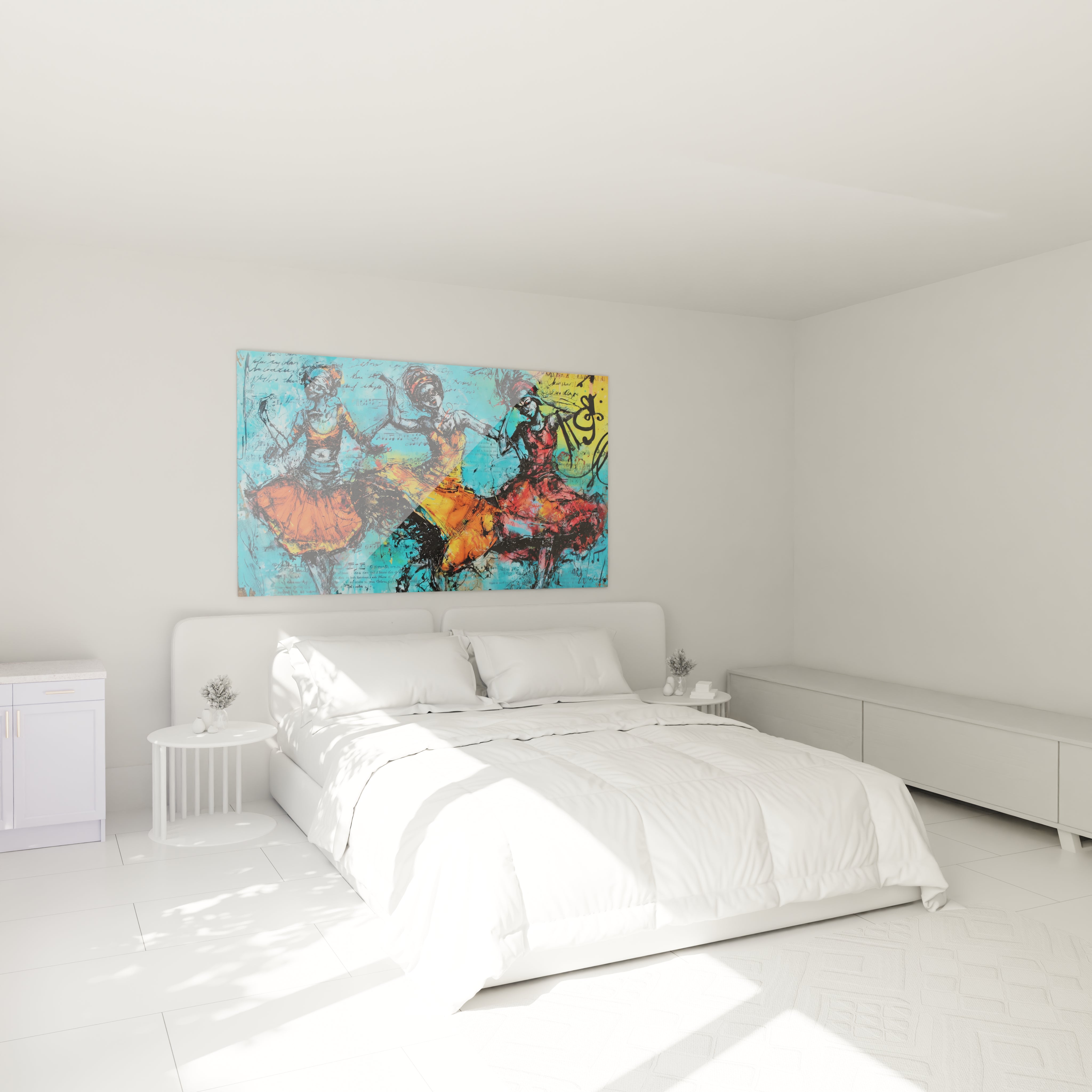Tableau Danse Africaine Contemporain de Walensky, affiché dans une chambre minimaliste lumineuse.
