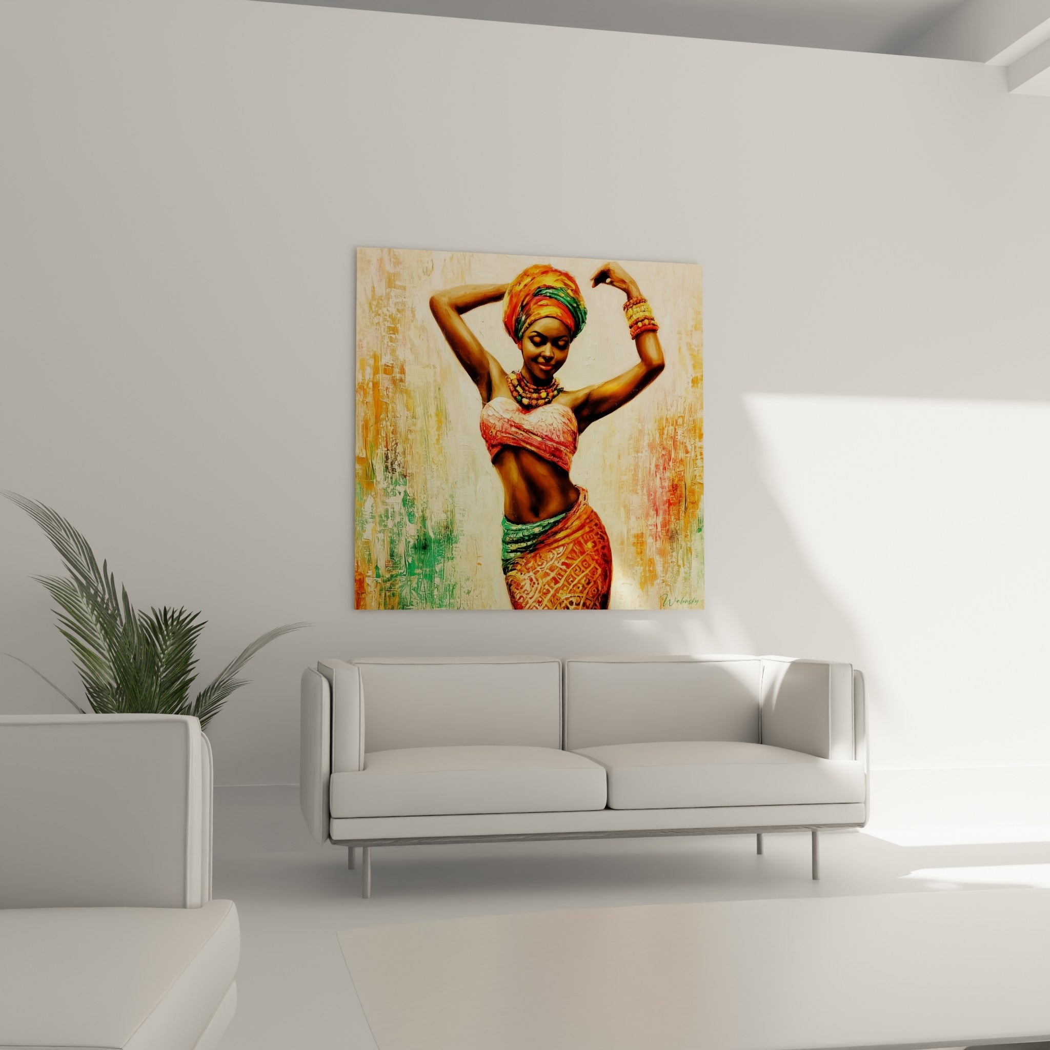 Silhouette dansante aux couleurs terracotta et émeraude, suspendue au-dessus d'un canapé dans un salon lumineux