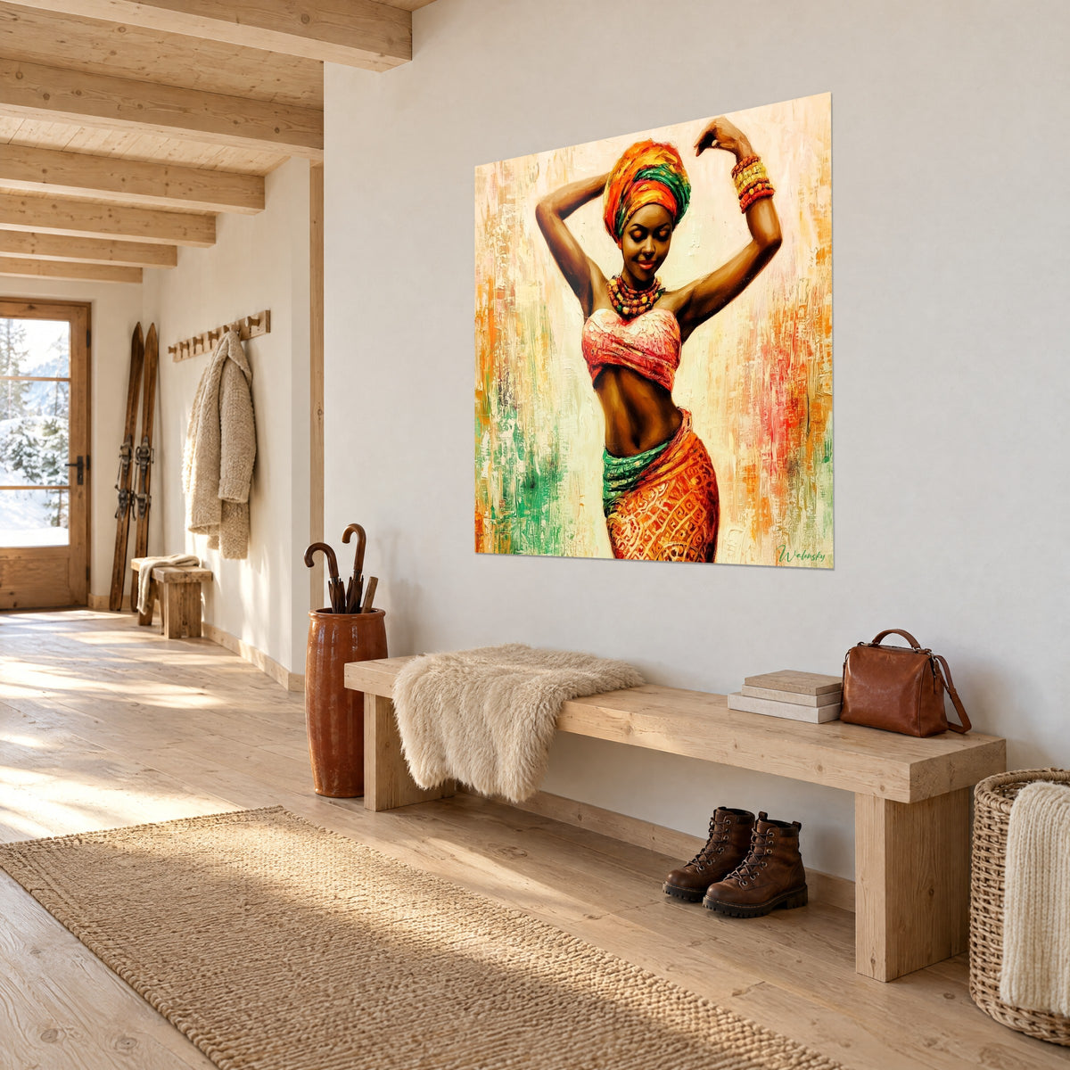 Wall art dancing African woman, amber bead necklace, gold bangles, cream background streaked with green, on a chalet wall