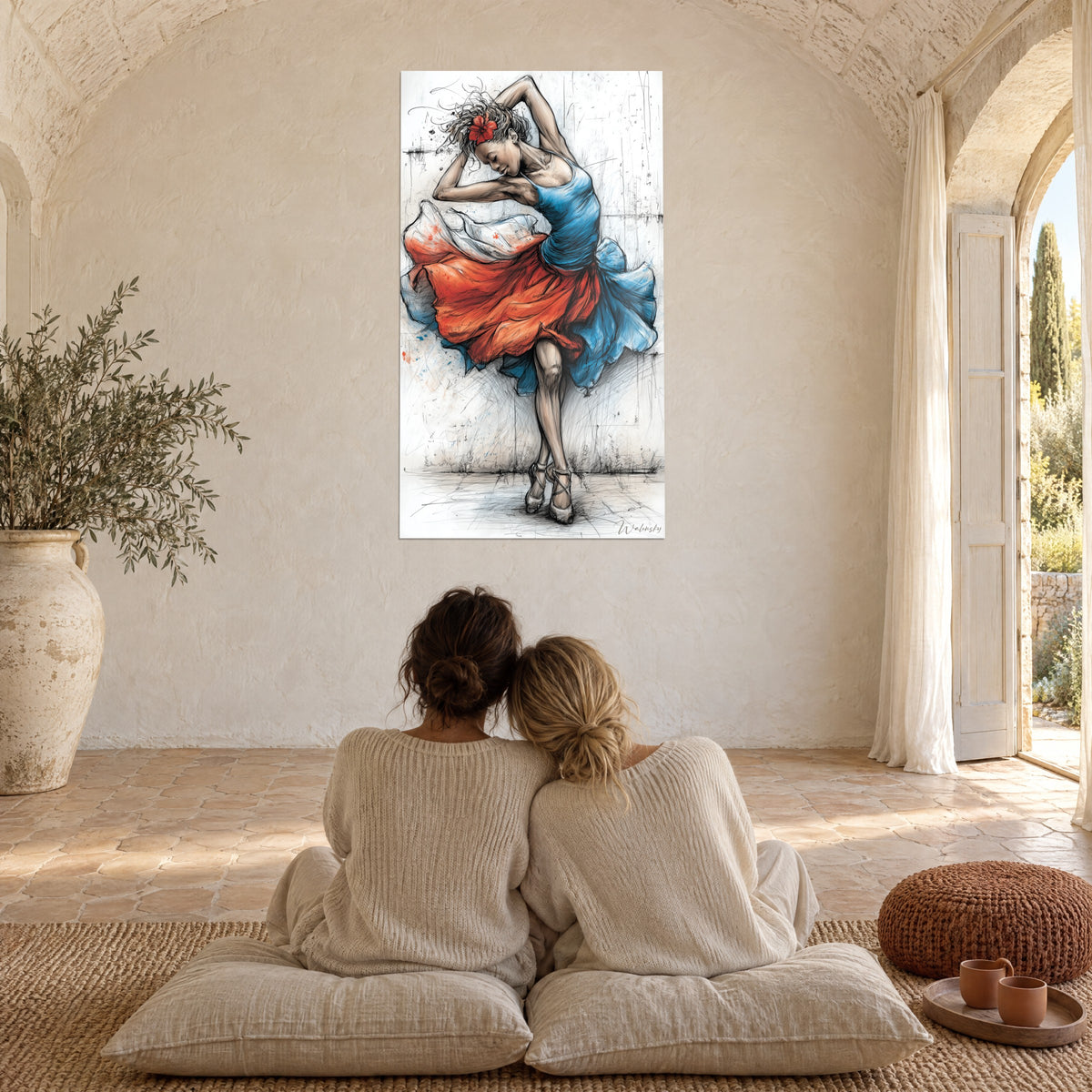 Wall art dancer with a flower-adorned bun, swirling red, white and blue skirt splashed with paint, facing two people seated on cushions