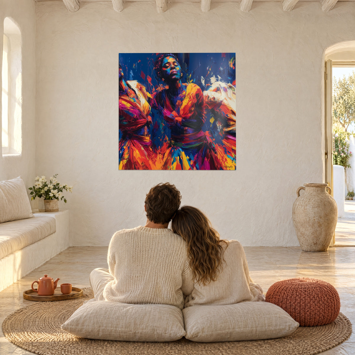 Tableau figure féminine aux jupes tourbillonnantes, cobalt, pourpre et ivoire, face à un couple assis de dos sur des coussins